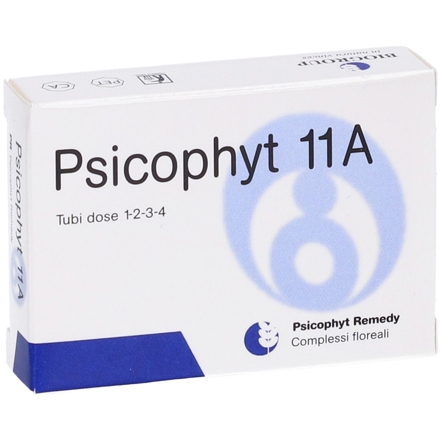 Scatola bianca con scritta Psicophyt 11A. Logo e testo: Psicophyt Remedy, Complessi floreali. Testo: Tubi dose 1-2-3-4.
