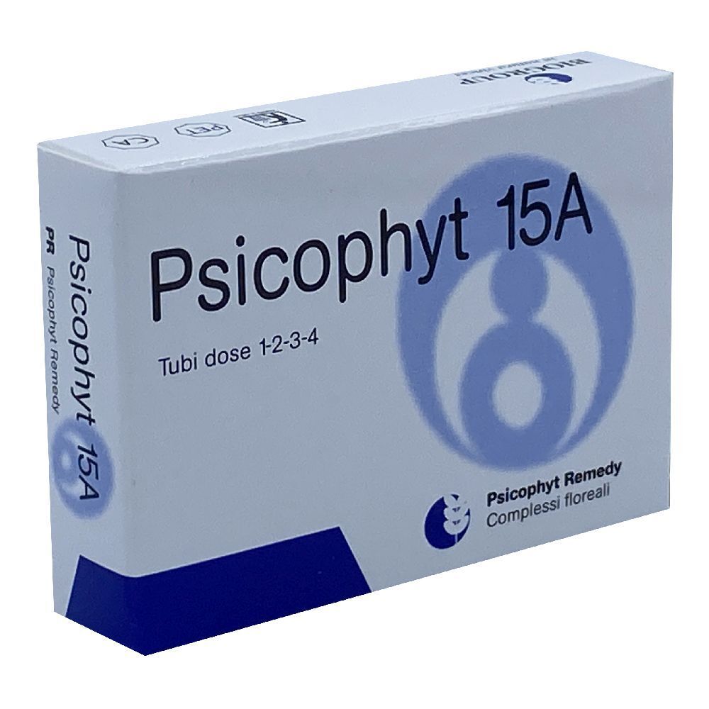 Scatola bianca con testo blu: Psicophyt 15A. Testo: Tubi dose 1-2-3-4. Logo e testo: Psicophyt Remedy, Complessi floreali.