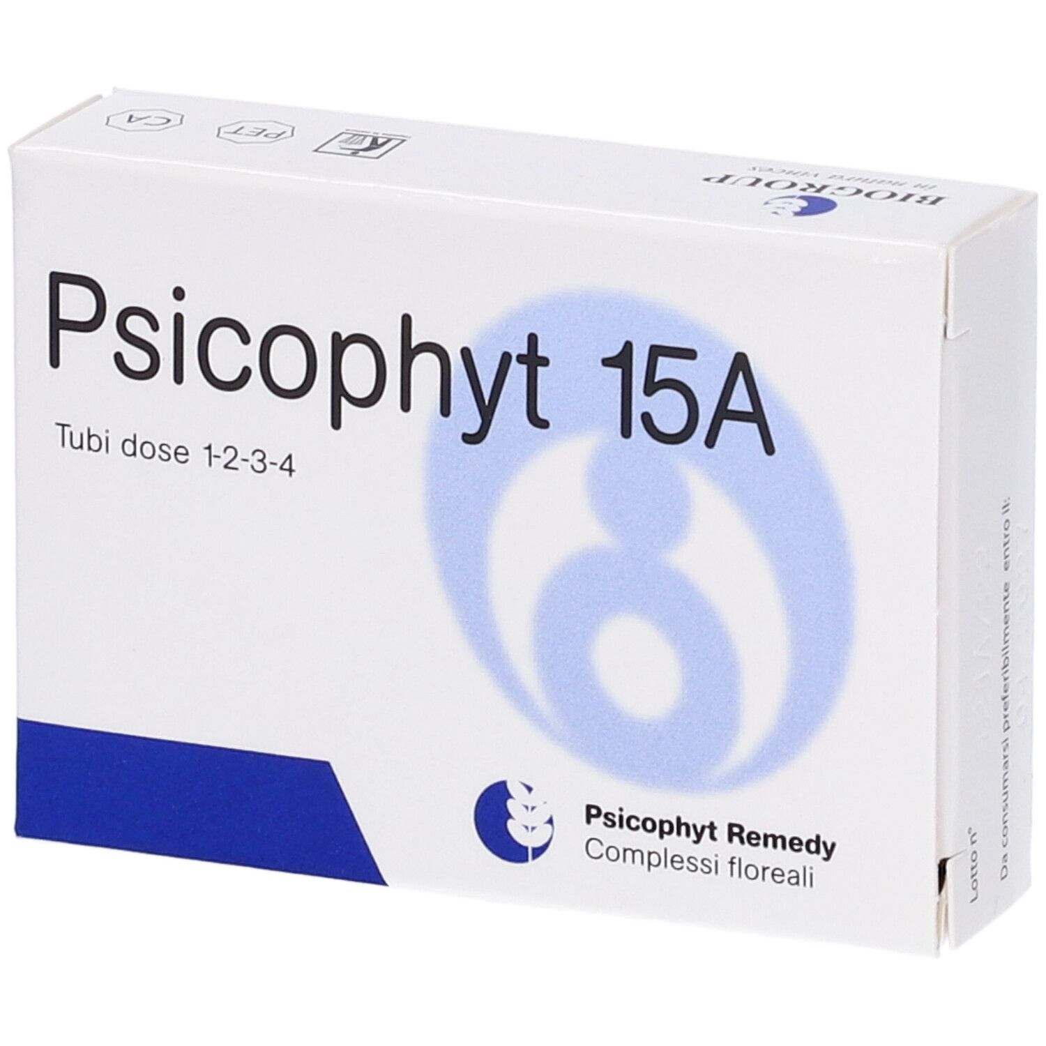 Scatola bianca, Psicophyt 15A, testo: Tubi dose 1-2-3-4. Logo e testo: Psicophyt Remedy, Complessi floreali. Stampa: BIOGROUP.