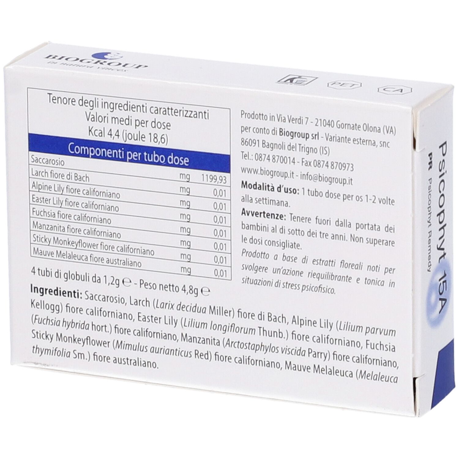 Retro della scatola bianca. Testo: Ingredienti, informazioni nutrizionali, istruzioni per l'uso. Stampa: BIOGROUP, Psicophyt 15A.