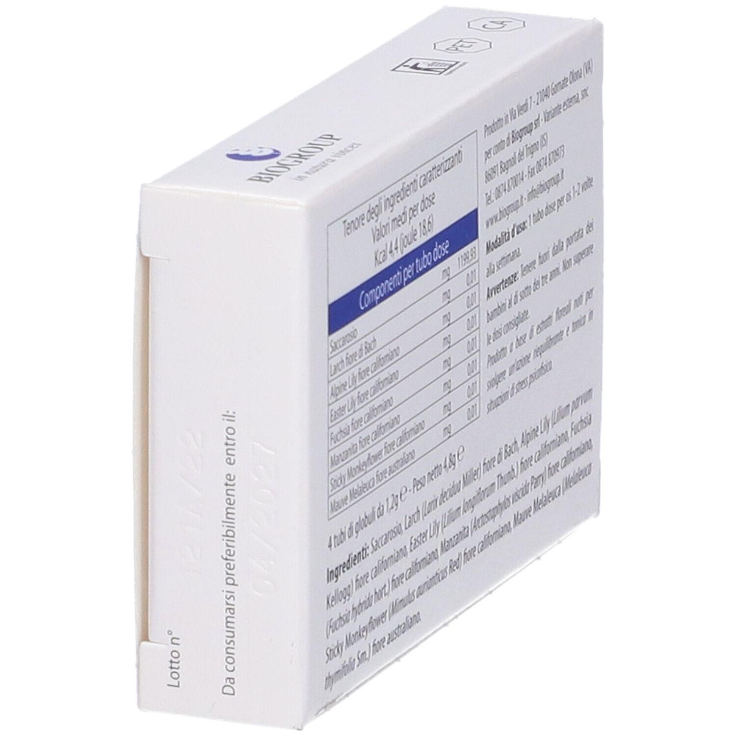 Vista laterale della scatola bianca. Testo: Ingredienti, informazioni nutrizionali. Stampa: BIOGROUP, Psicophyt 15A.