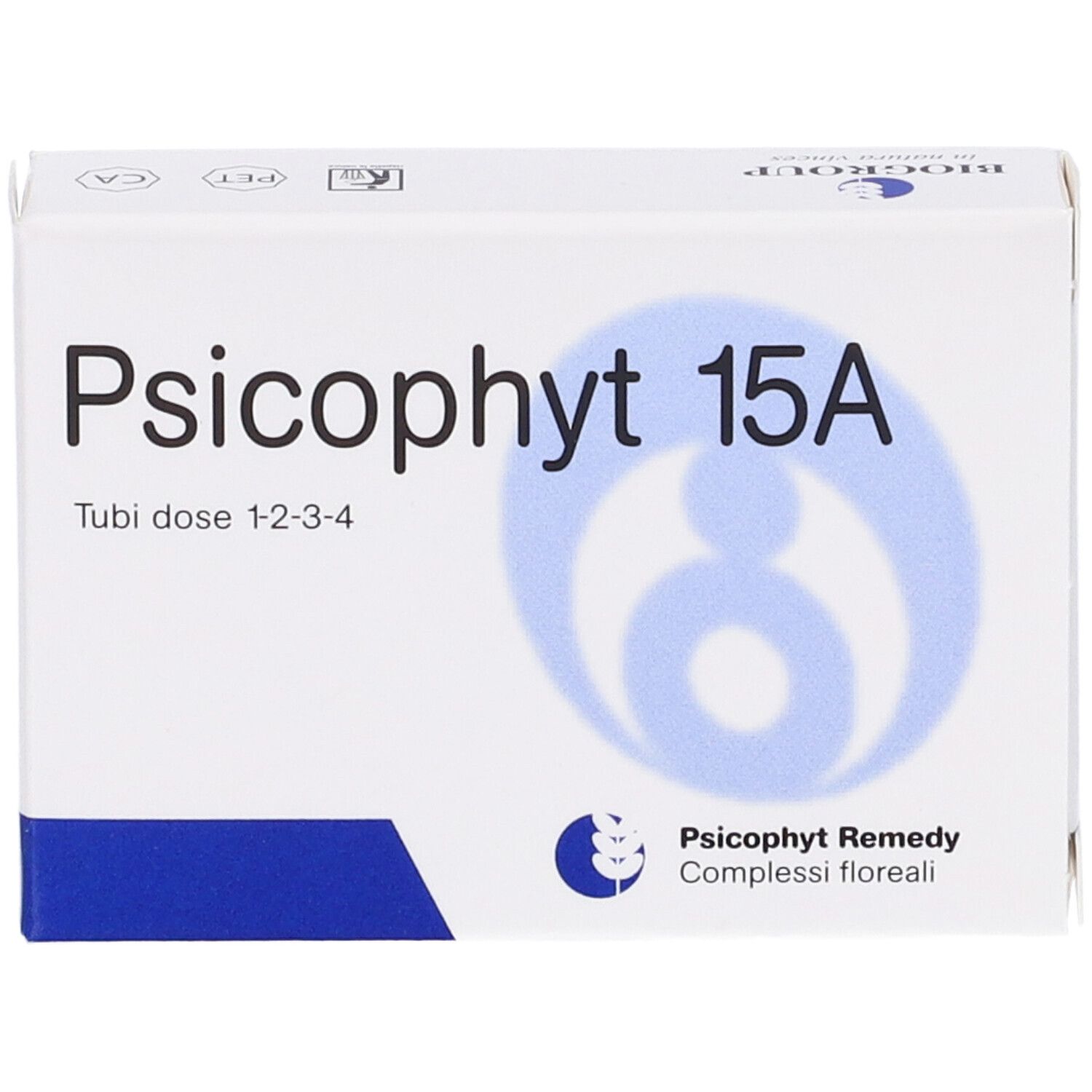 Scatola bianca con testo blu: Psicophyt 15A. Testo: Tubi dose 1-2-3-4. Logo e testo: Psicophyt Remedy, Complessi floreali.