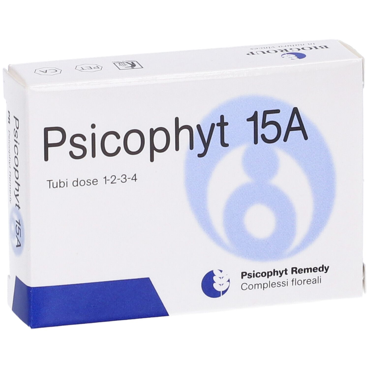 Scatola bianca con testo blu: Psicophyt 15A. Testo: Tubi dose 1-2-3-4. Logo e testo: Psicophyt Remedy, Complessi floreali.