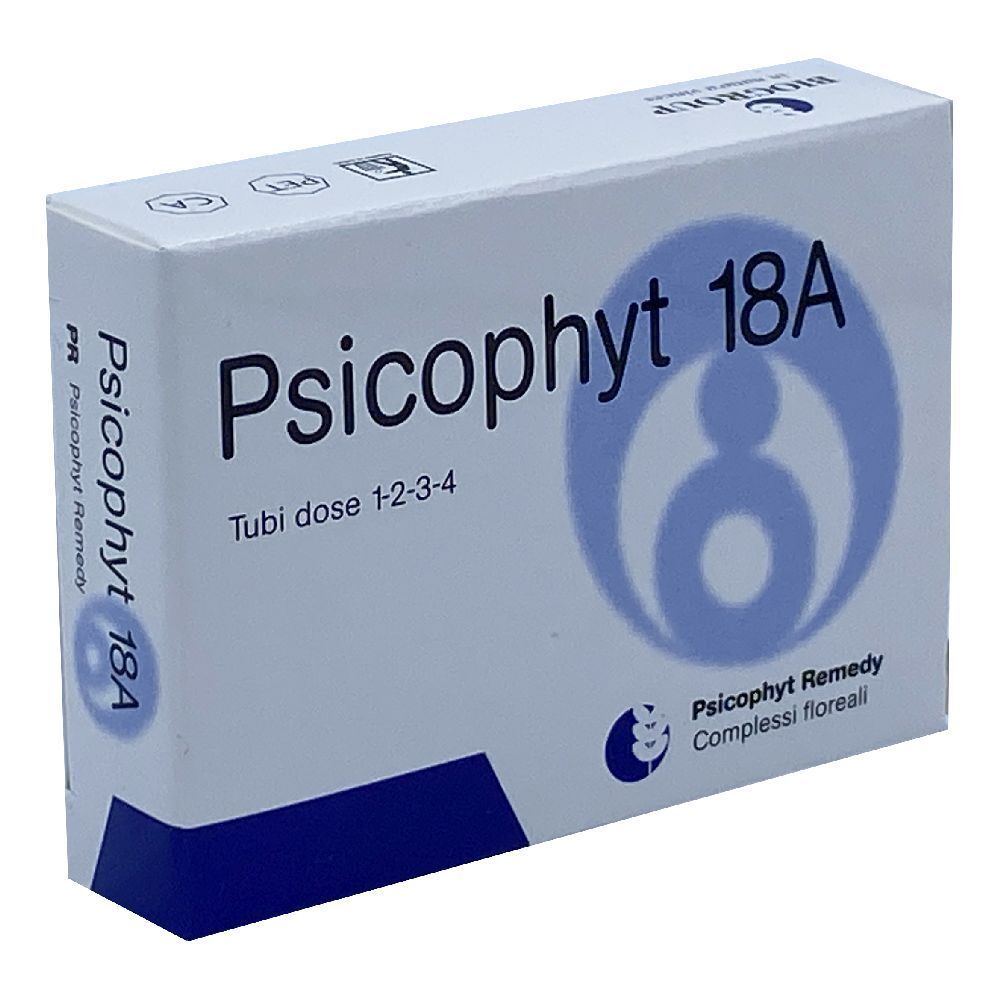 Scatola bianca con testo e logo blu. Scritto: Psicophyt 18A, Tubi dose 1-2-3-4. Logo: figura blu.