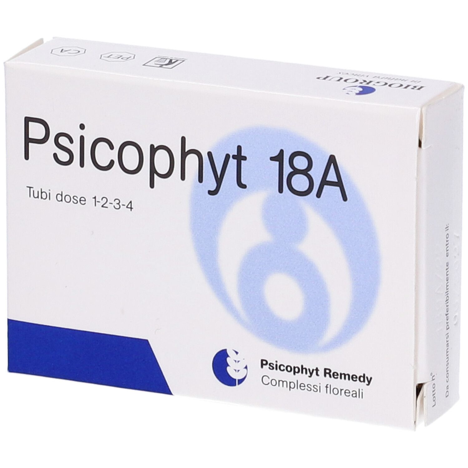Scatola bianca con testo e logo blu. Scritto: Psicophyt 18A, Tubi dose 1-2-3-4. Logo: figura blu.