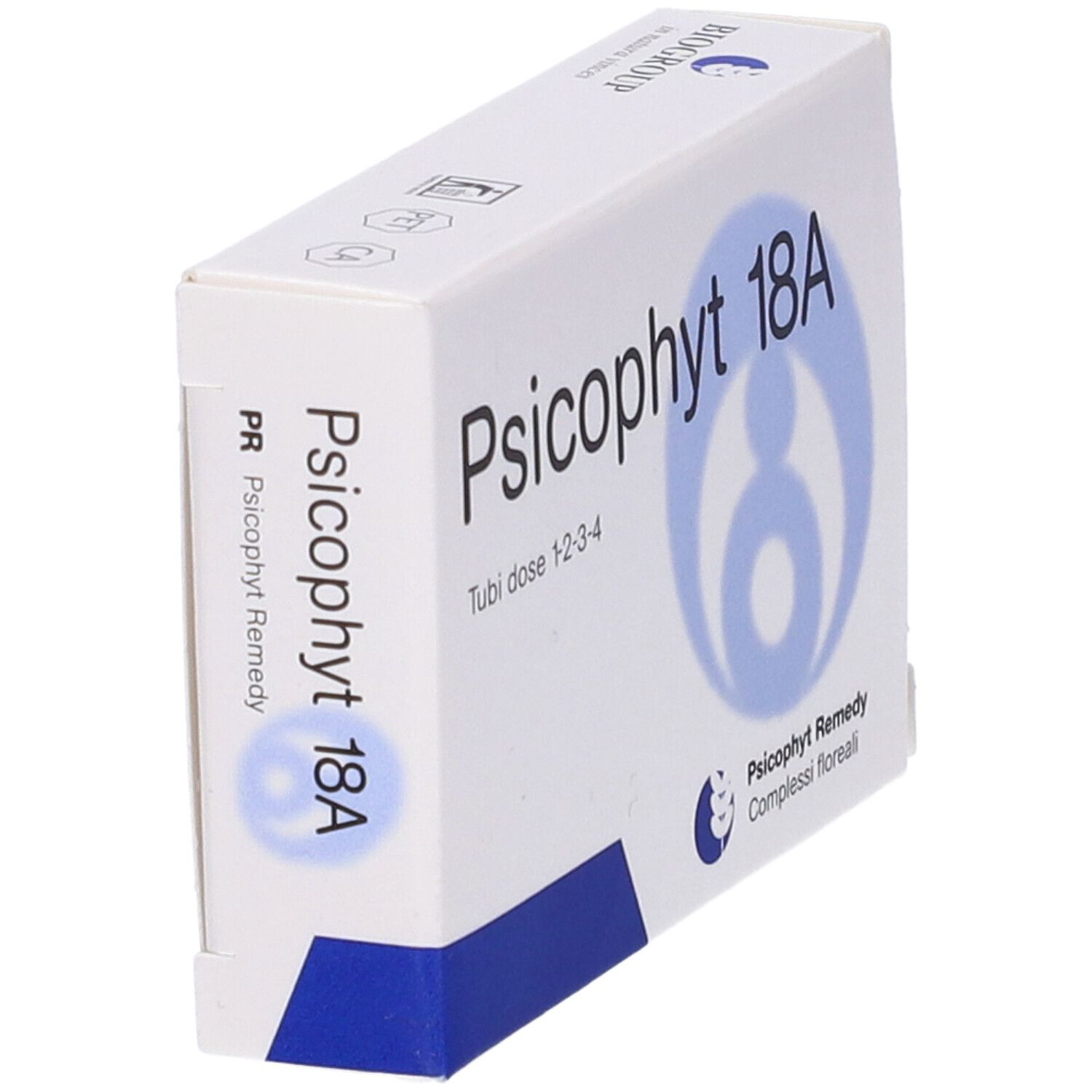 Scatola bianca con testo e logo blu. Scritto: Psicophyt 18A, Tubi dose 1-2-3-4. Logo: figura blu.