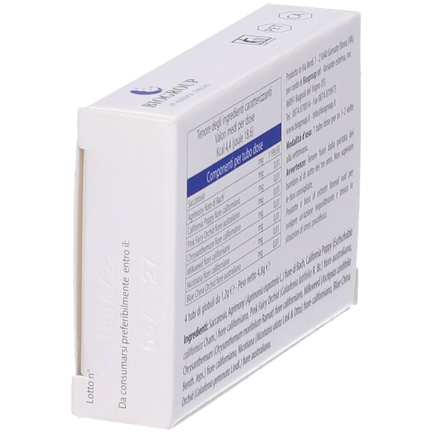 Scatola bianca, retro con testo e informazioni. Scritto: Psicophyt 18A. Contiene ingredienti e dosaggio.