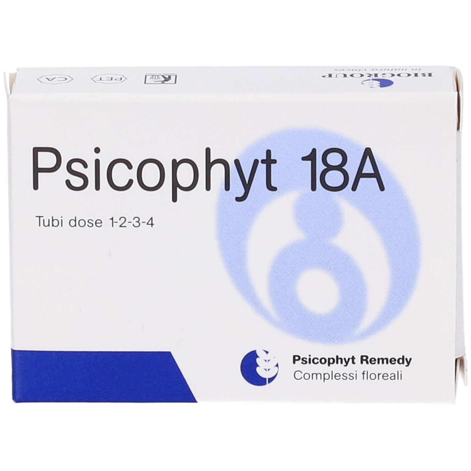Scatola bianca con testo e logo blu. Scritto: Psicophyt 18A, Tubi dose 1-2-3-4. Logo: figura blu.