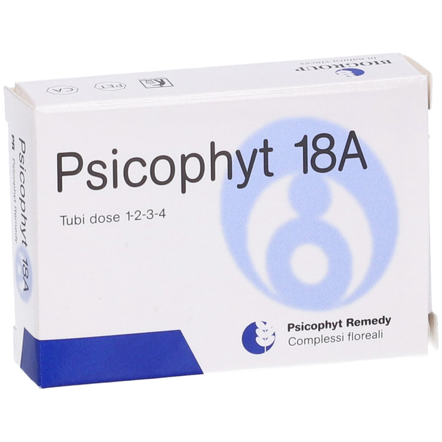 Scatola bianca con testo e logo blu. Scritto: Psicophyt 18A, Tubi dose 1-2-3-4. Logo: figura blu.