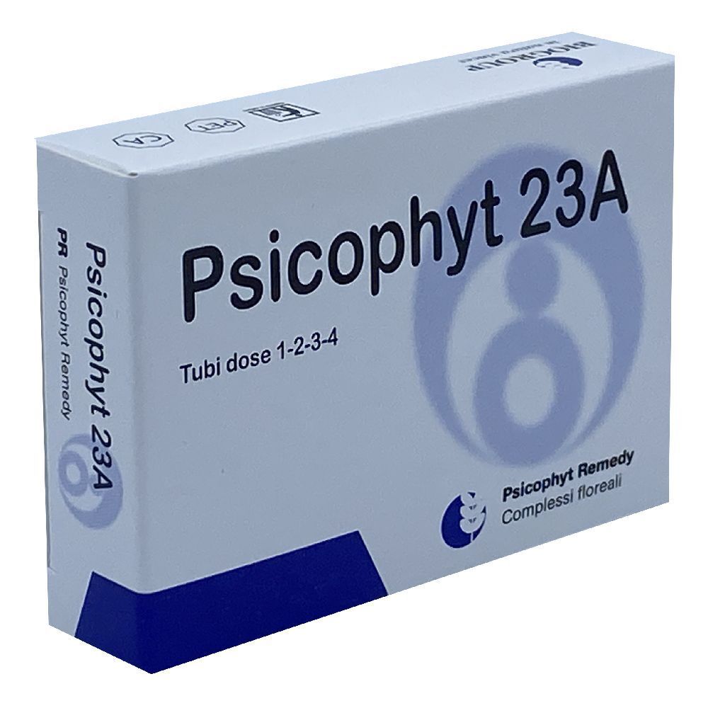 Scatola bianca con nome prodotto Psicophyt 23A. Grafica blu e testo. "Tubi dose 1-2-3-4" sotto. Logo del produttore.