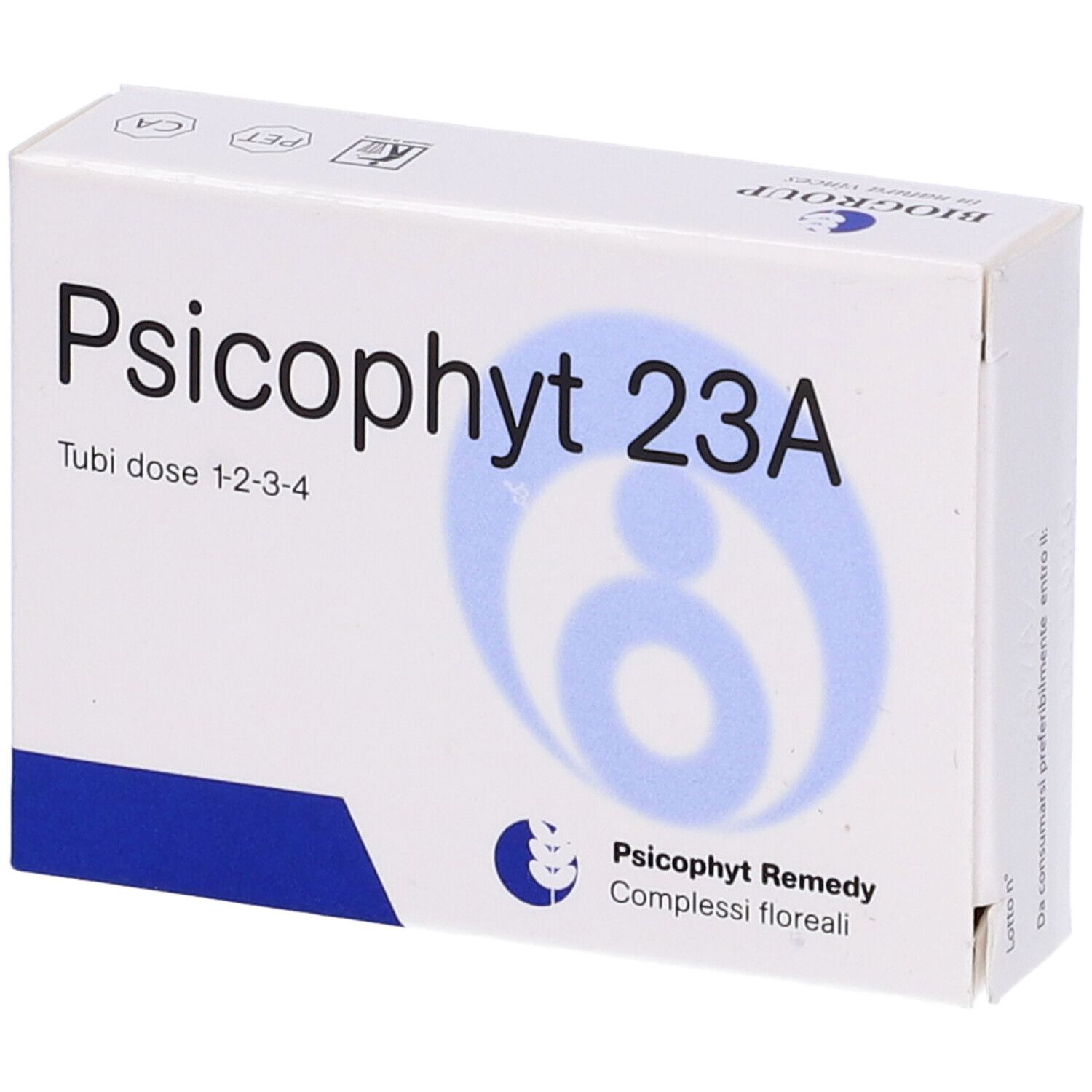 Scatola bianca con nome prodotto Psicophyt 23A. Grafica blu e testo. Logo e testo del produttore. Confezione angolare.