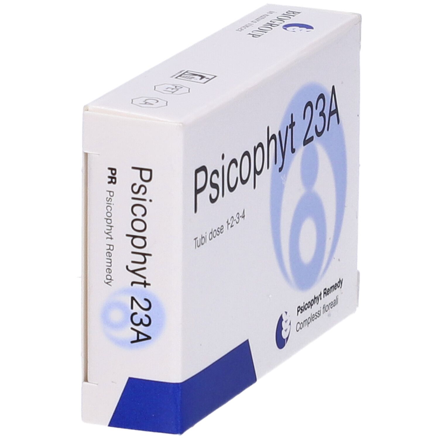 Scatola bianca con nome prodotto Psicophyt 23A. Grafica blu e testo. Logo e testo del produttore. Vista obliqua.