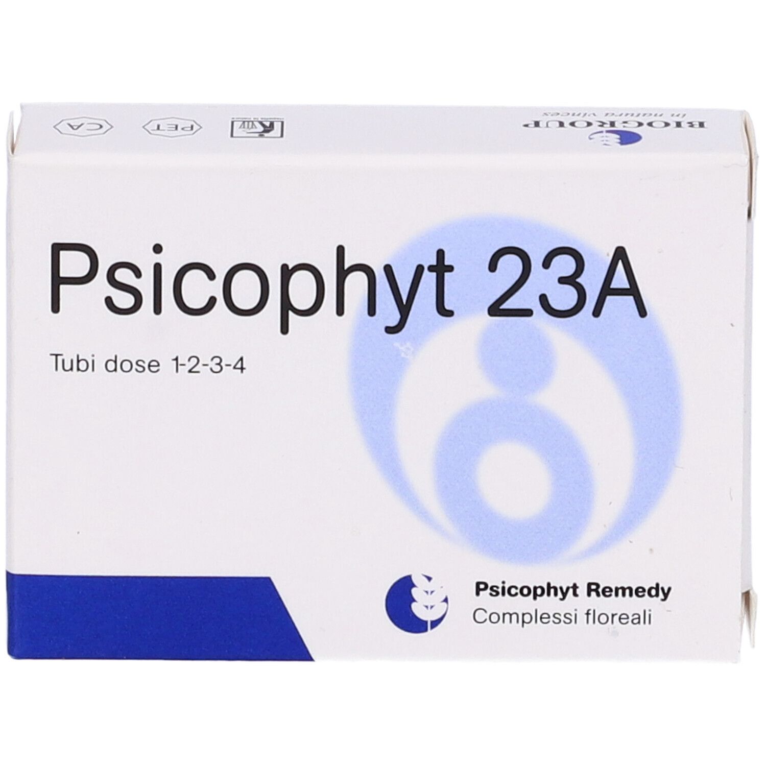 Scatola bianca con nome prodotto Psicophyt 23A. Grafica blu e testo. Logo e testo del produttore. Confezione angolare.
