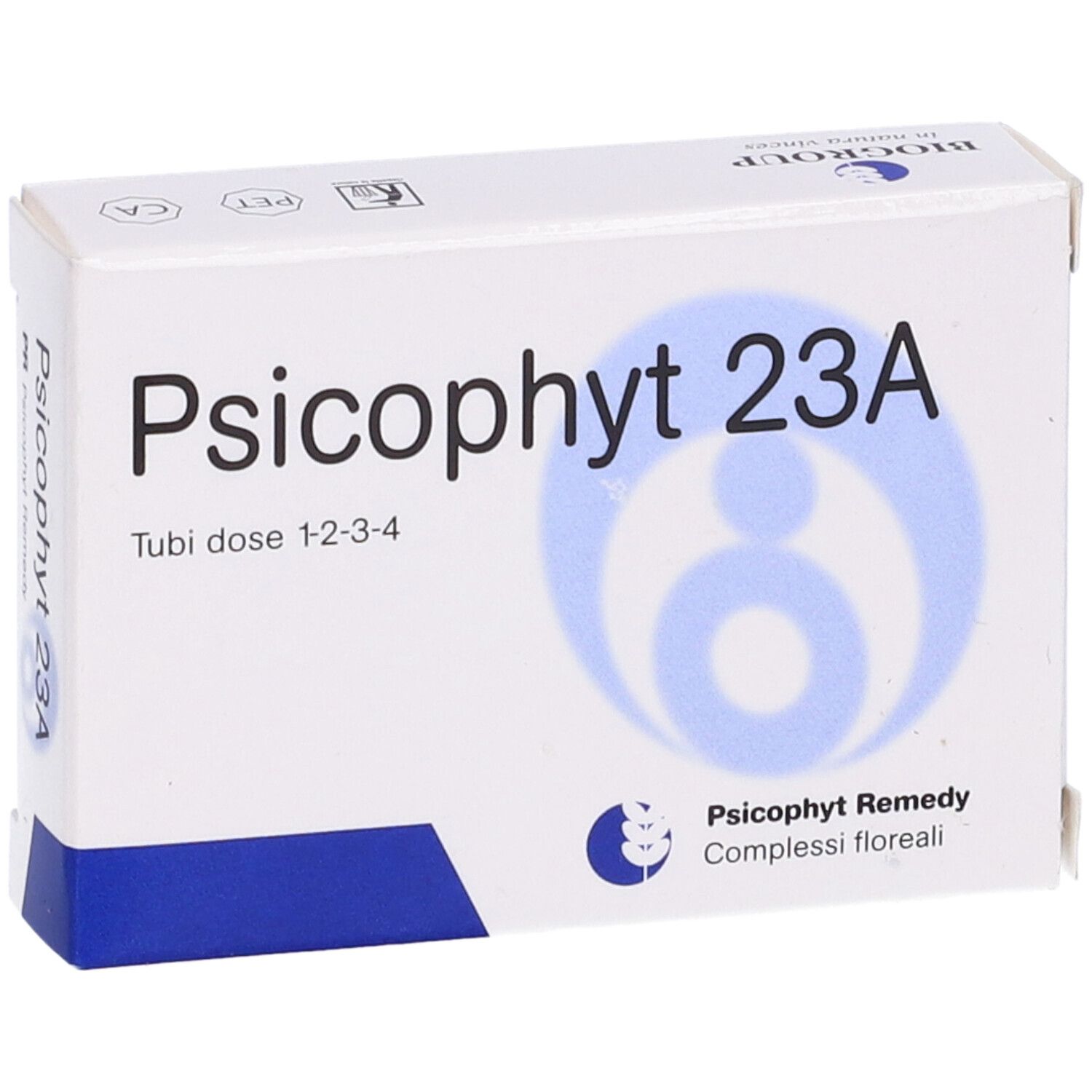 Scatola bianca con nome prodotto Psicophyt 23A. Grafica blu e testo. Logo e testo del produttore. Confezione angolare.