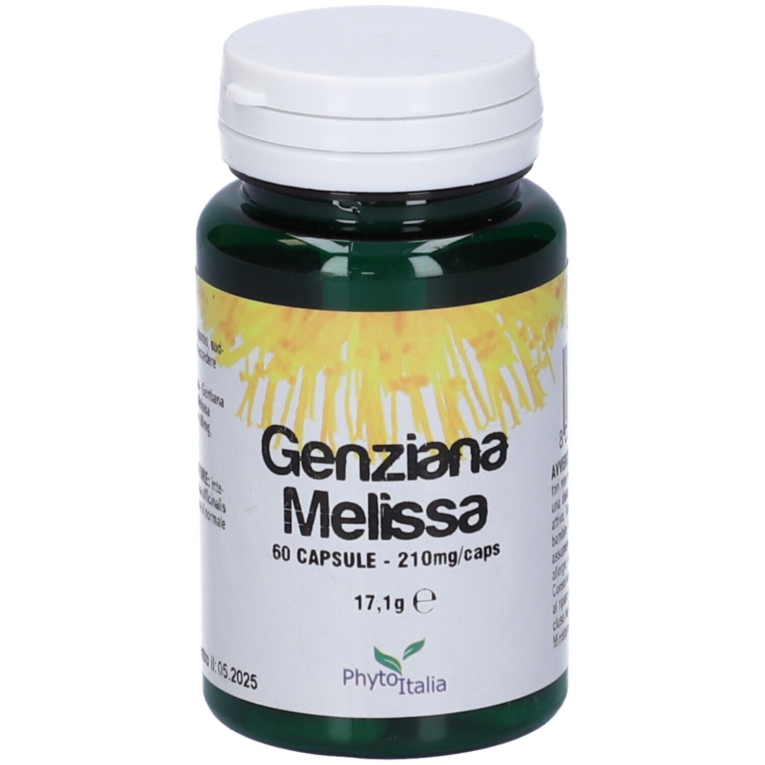 Flacone verde, tappo bianco. Scritta: Genziana Melissa, 60 capsule. Marchio: Phytoitalia.