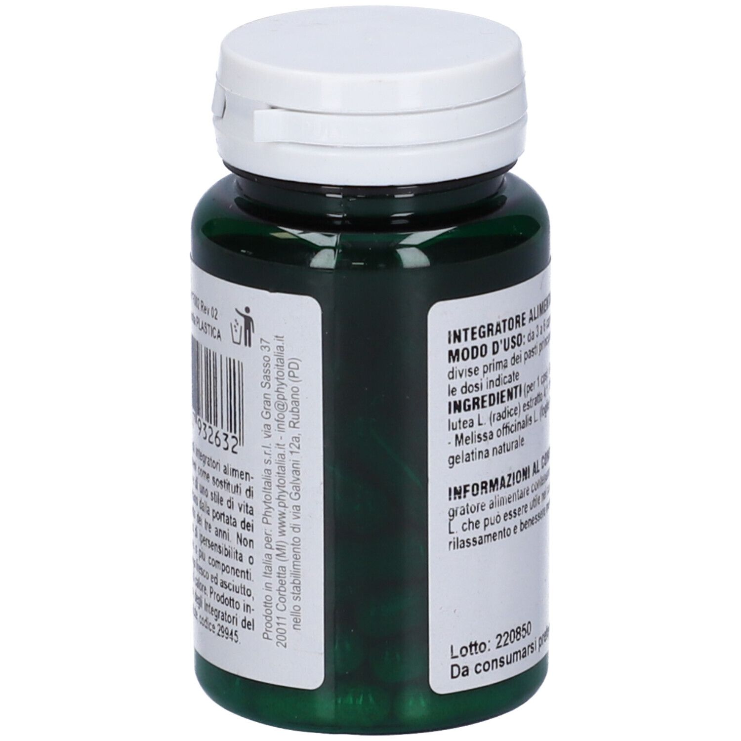 Flacone verde, tappo bianco. Testo sul retro. Scritta: Genziana Melissa, 60 capsule.