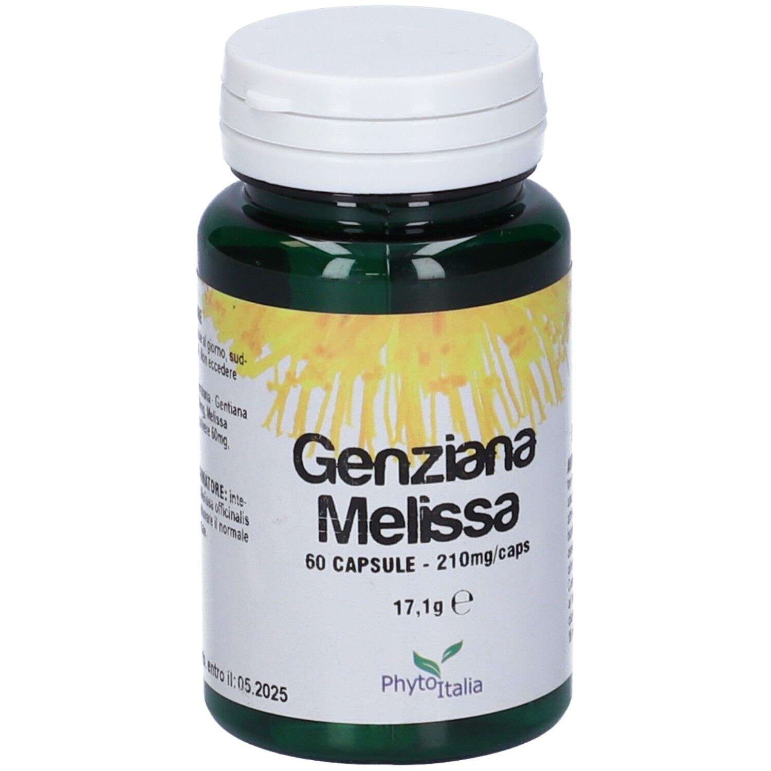 Flacone verde, tappo bianco. Scritta: Genziana Melissa, 60 capsule. Marchio: Phytoitalia.