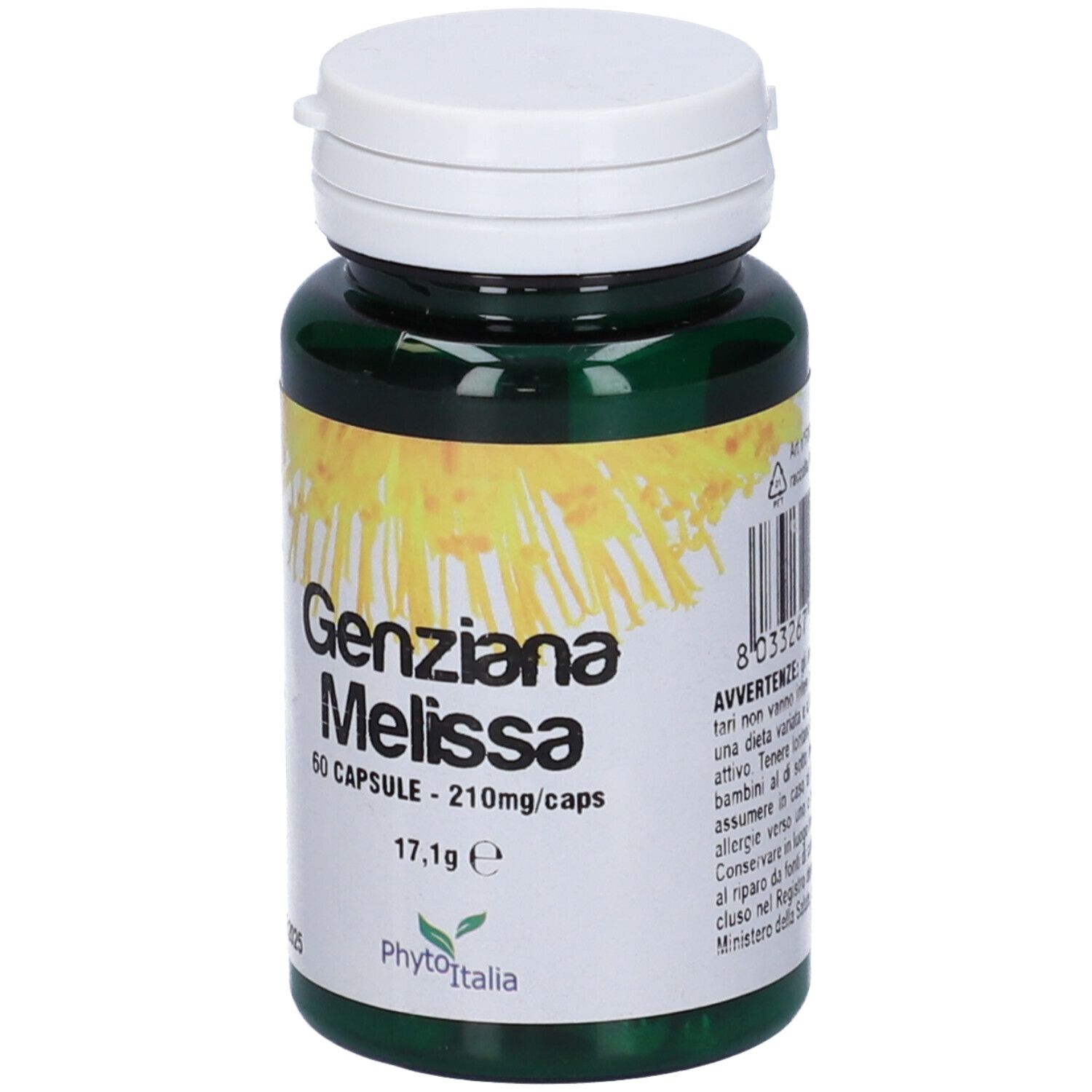 Flacone verde, tappo bianco. Scritta: Genziana Melissa, 60 capsule. Marchio: Phytoitalia.