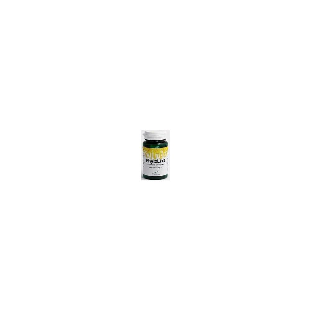 Flacone verde con tappo bianco. Scritta: PhytoLinfa. Etichetta con motivo floreale giallo.