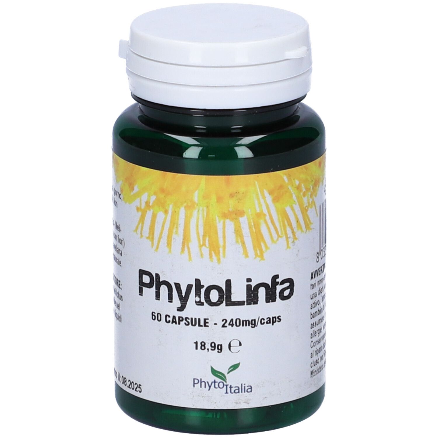 Flacone verde con tappo bianco. Scritta: PhytoLinfa, 60 capsule. Etichetta con motivo floreale giallo.