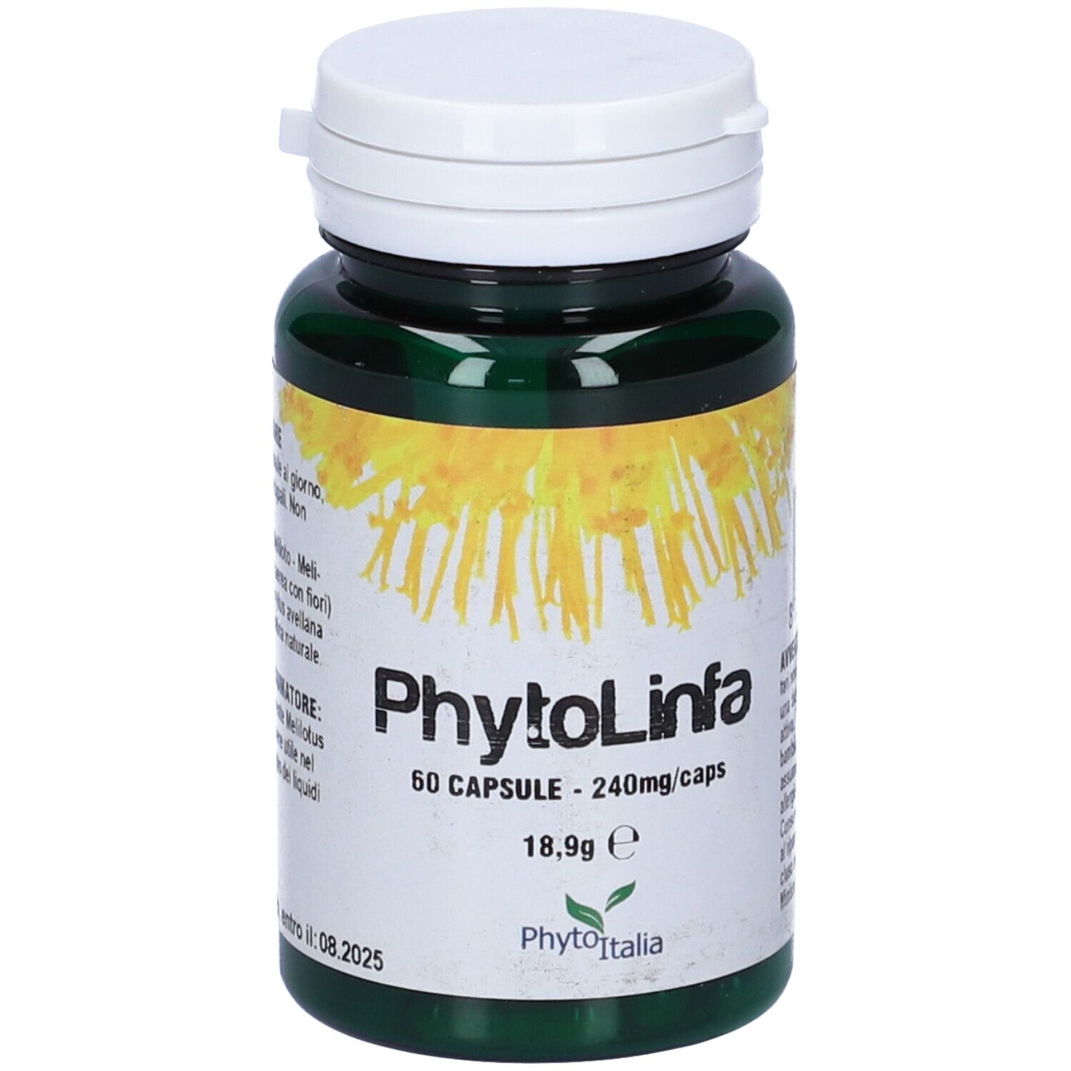 Flacone verde con tappo bianco. Scritta: PhytoLinfa, 60 capsule. Etichetta con motivo floreale giallo.