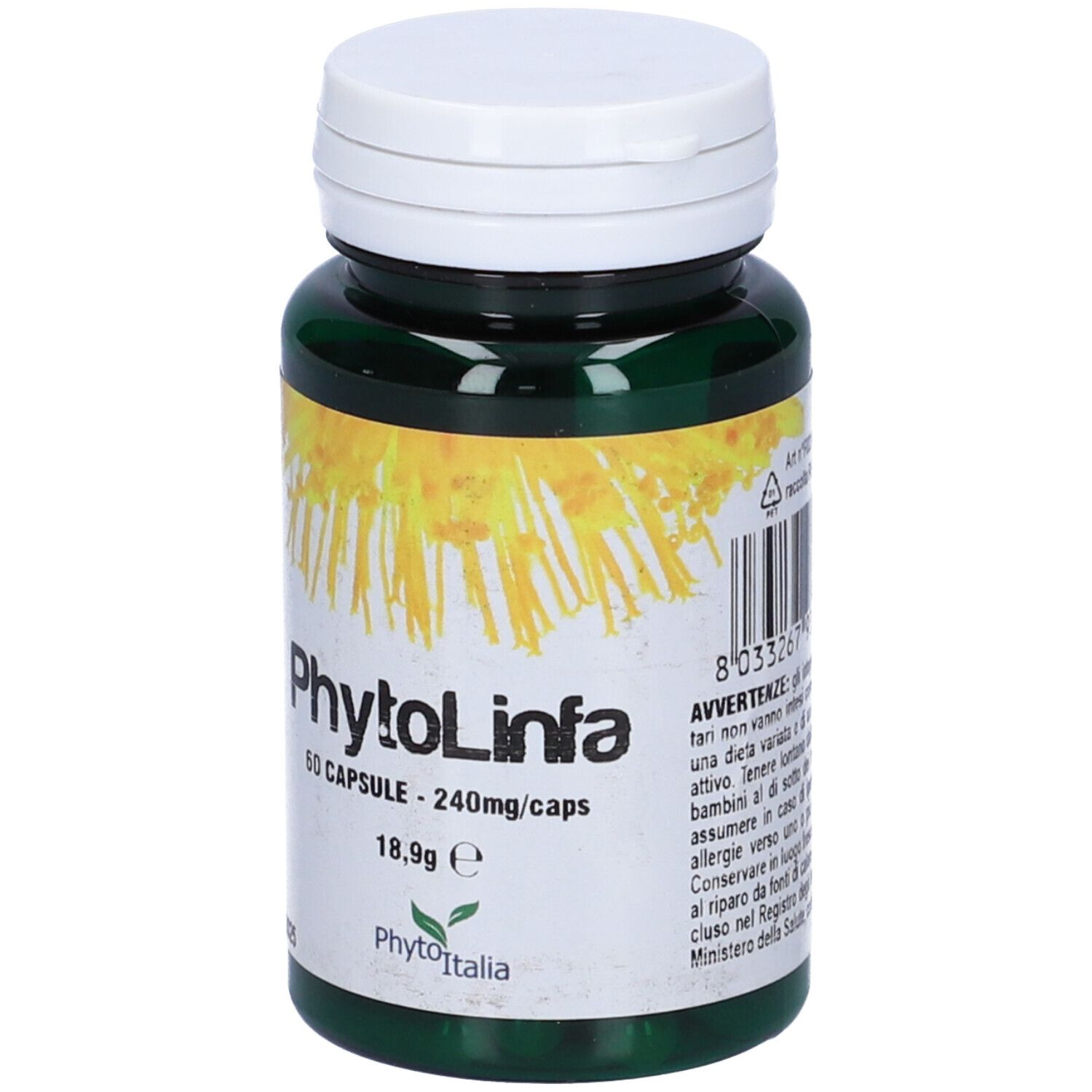 Flacone verde con tappo bianco. Scritta: PhytoLinfa, 60 capsule. Etichetta con motivo floreale giallo.