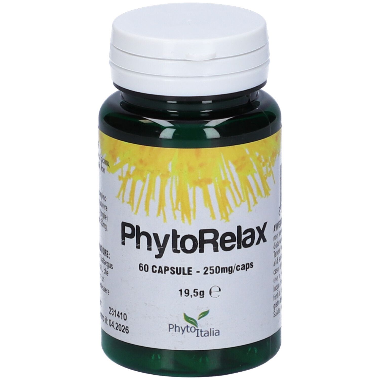 Flacone verde con tappo bianco. Scritta: PhytoRelax, 60 capsule, 250mg/caps.