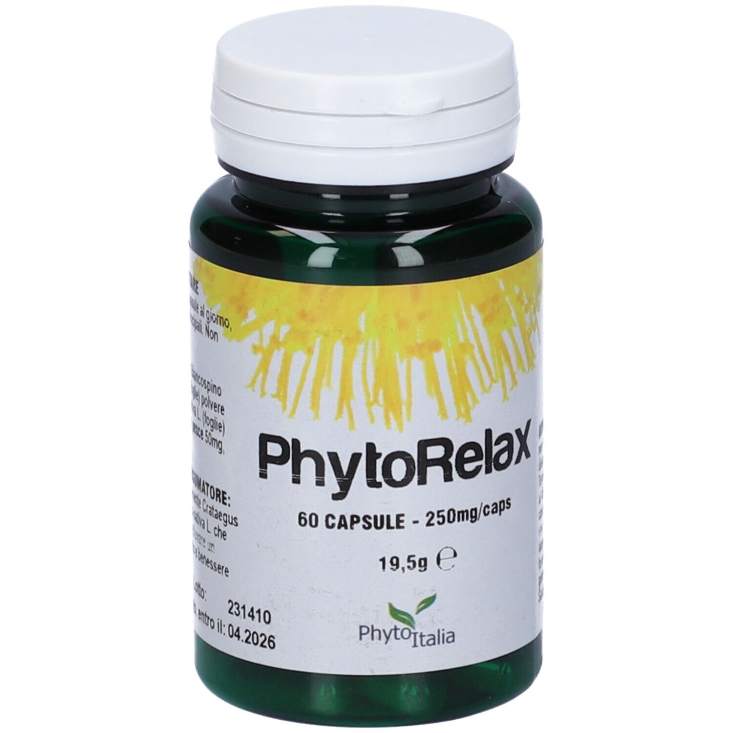 Flacone verde con tappo bianco. Scritta: PhytoRelax, 60 capsule, 250mg/caps.