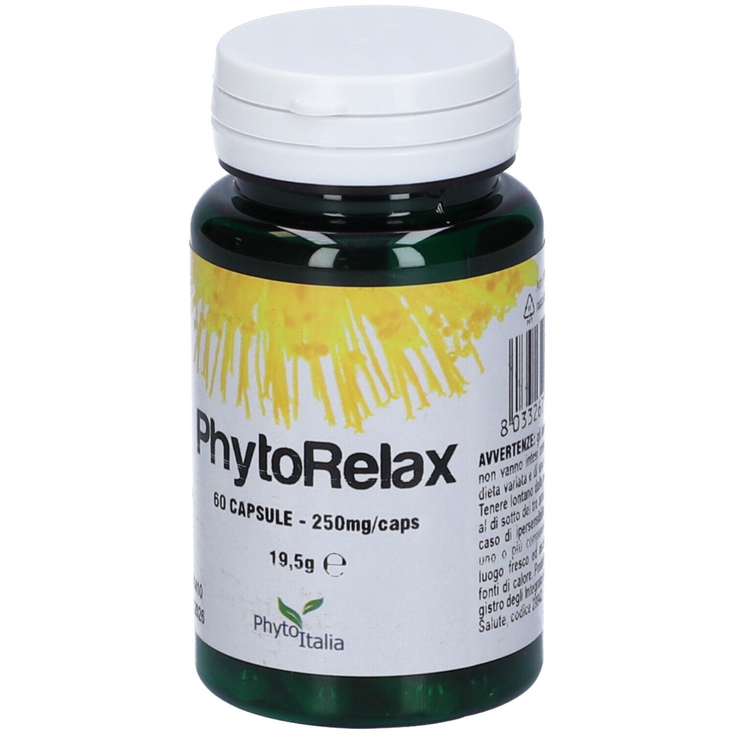 Flacone verde con tappo bianco. Scritta: PhytoRelax, 60 capsule, 250mg/caps.