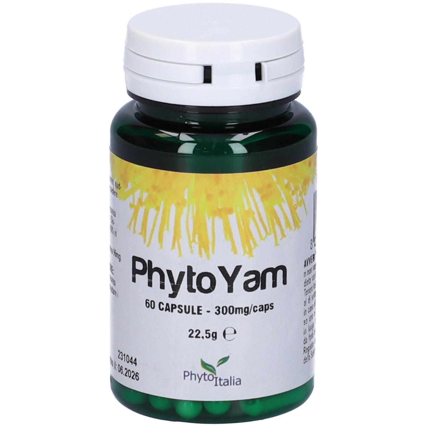 Flacone verde di capsule, tappo bianco. Scritta: PhytoYam, 60 capsule.