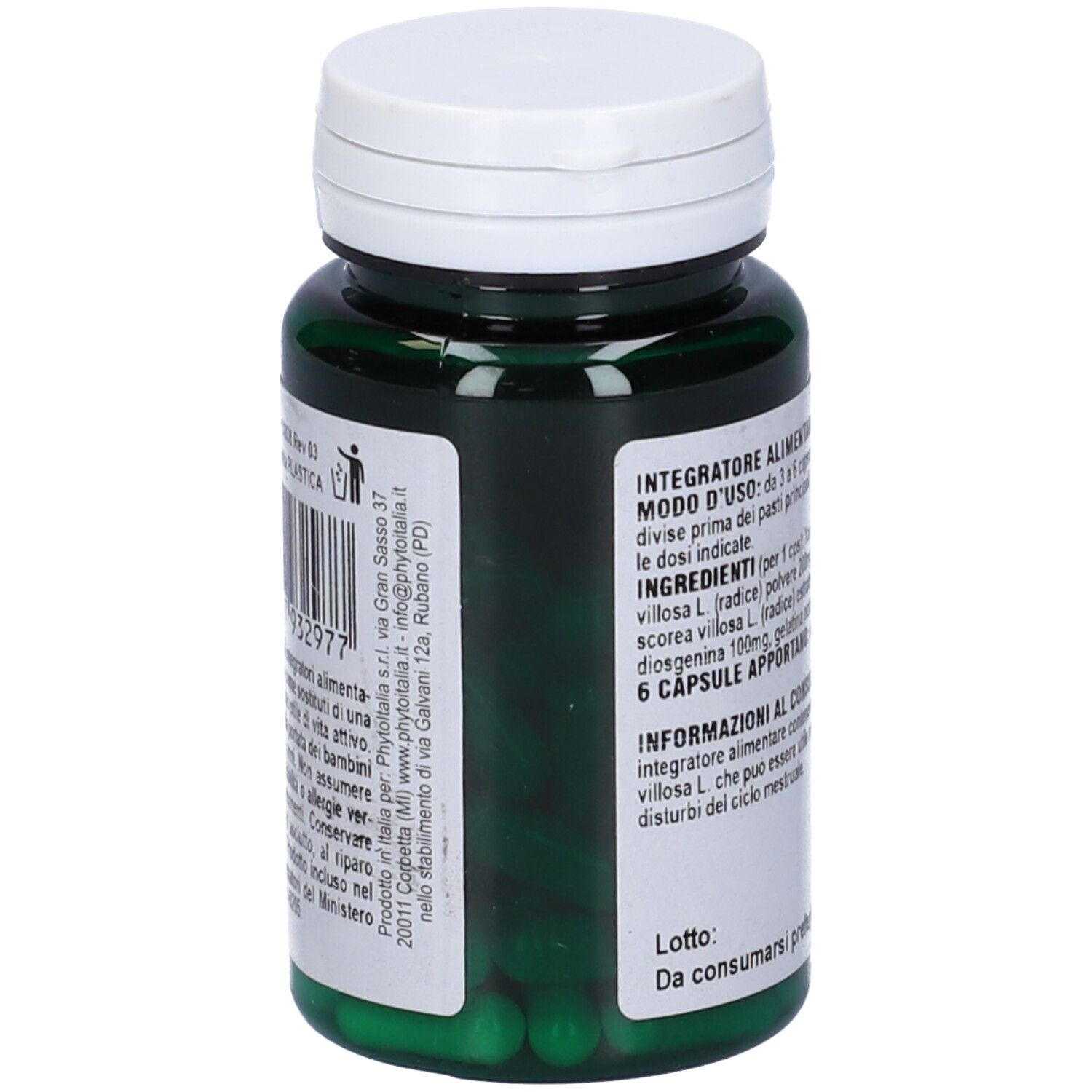 Flacone verde di capsule, tappo bianco. Retro con ingredienti e istruzioni per l'uso.