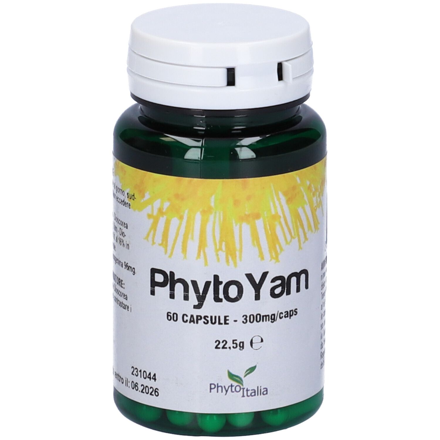 Flacone verde di capsule, tappo bianco. Scritta: PhytoYam, 60 capsule.