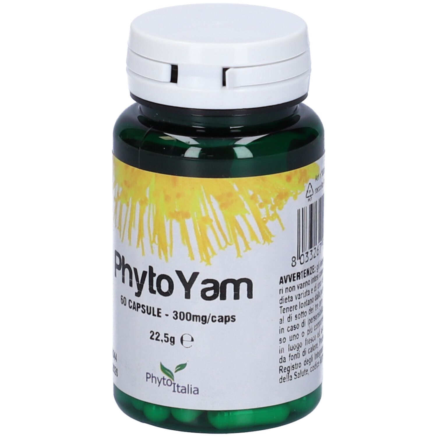 Flacone verde di capsule, tappo bianco. Scritta: PhytoYam, 60 capsule.