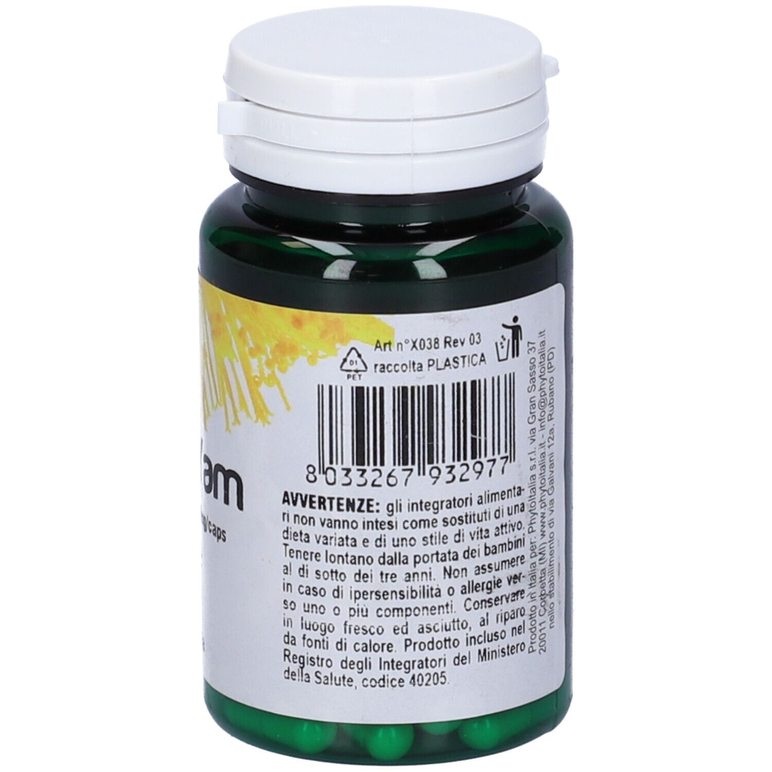 Flacone verde di capsule, tappo bianco. Retro con avvertenze e ingredienti.