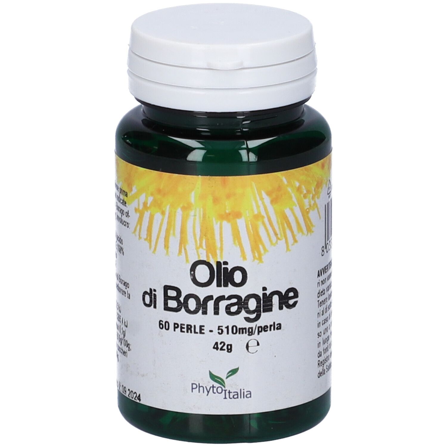 Flacone verde, tappo bianco. Olio di Borragine 60 Perle. PhytoItalia.