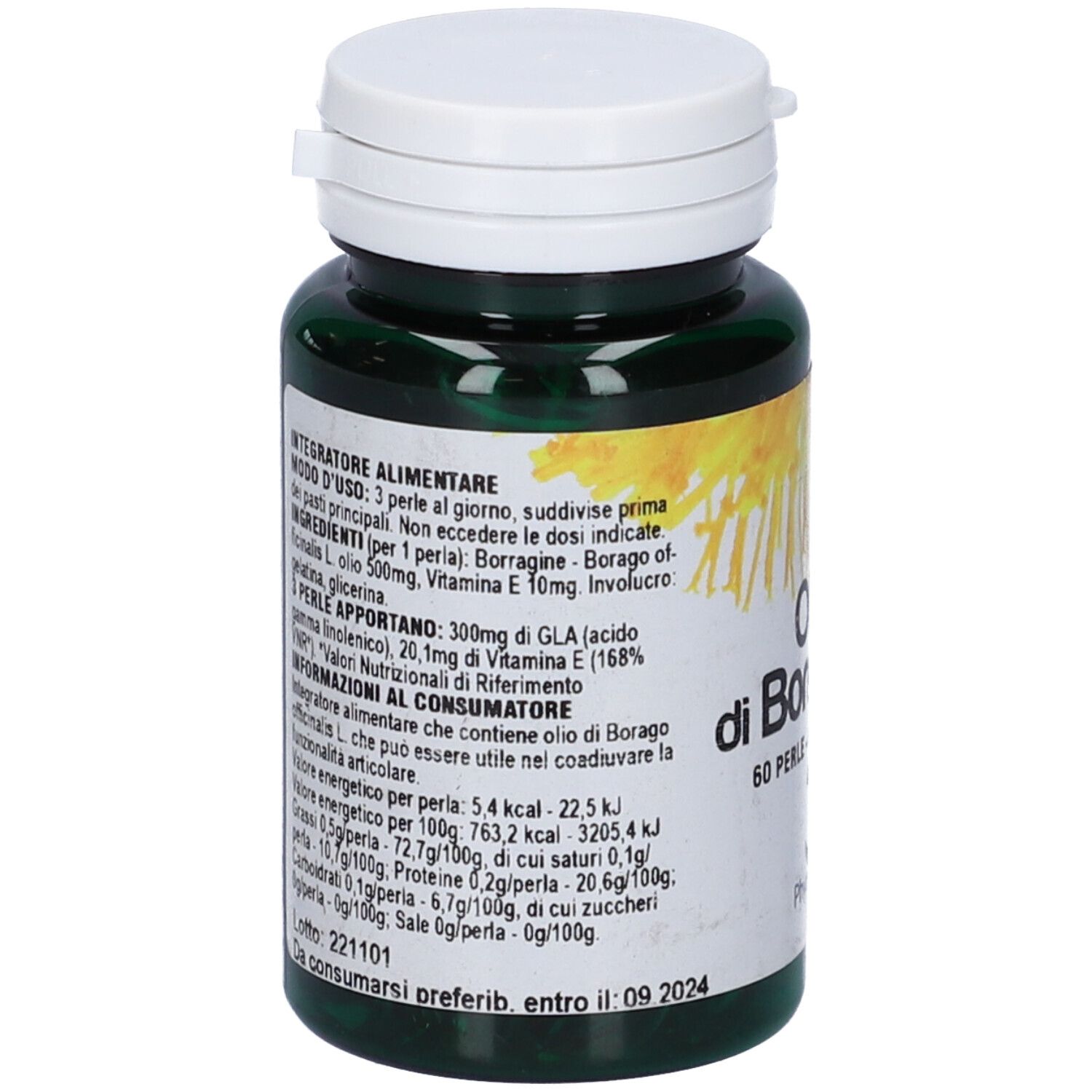 Flacone verde, tappo bianco. Etichetta con ingredienti. Olio di Borragine.