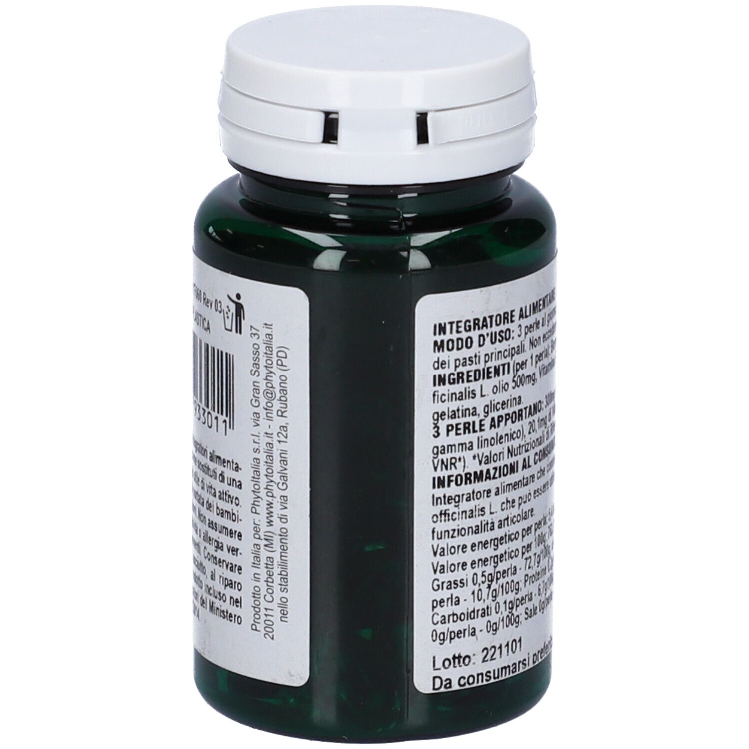 Flacone verde, tappo bianco. Retro con informazioni. Olio di Borragine.