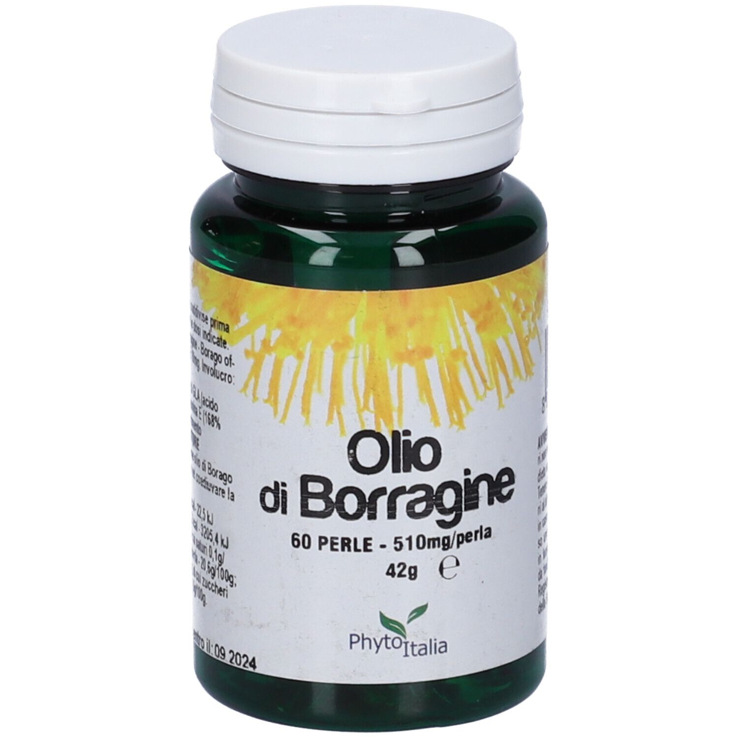 Flacone verde, tappo bianco. Olio di Borragine 60 Perle. PhytoItalia.