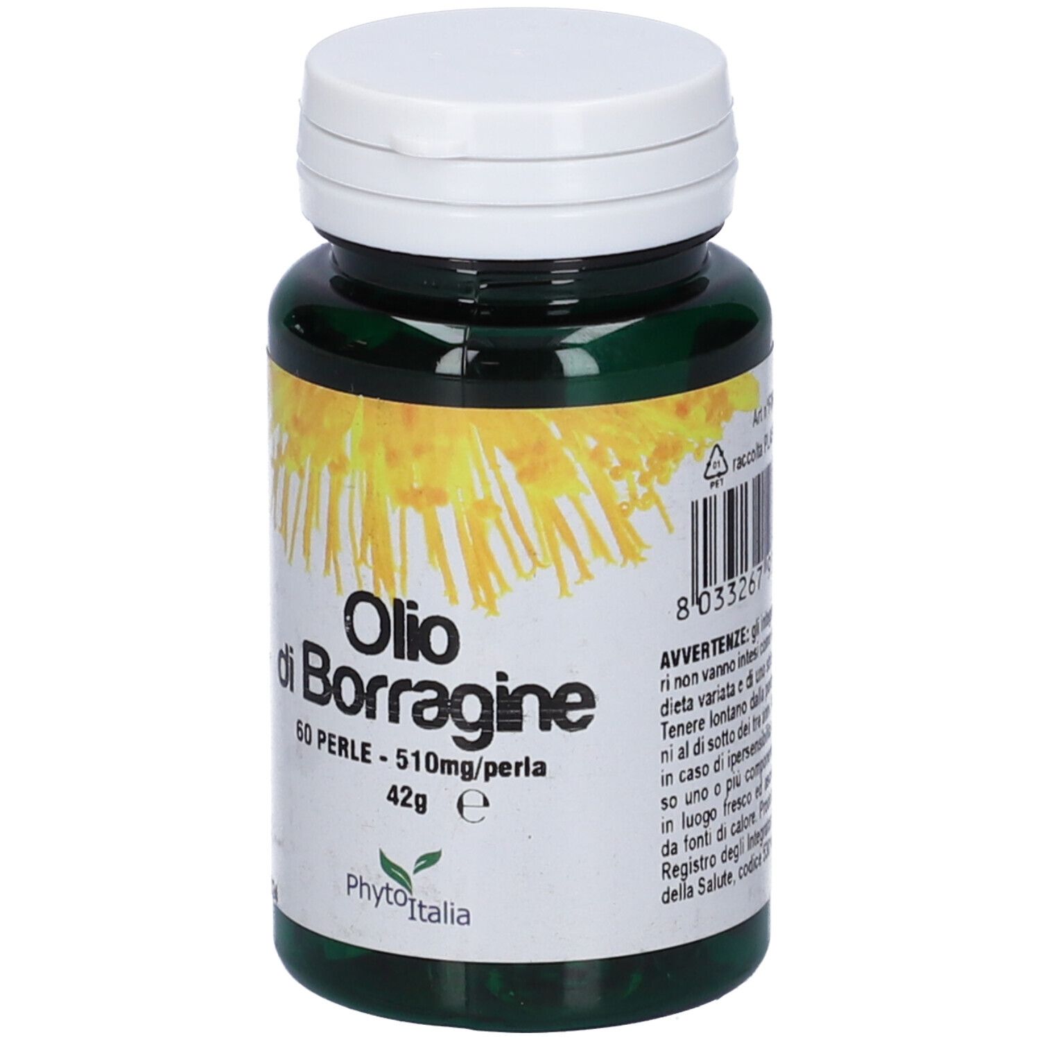 Flacone verde, tappo bianco. Olio di Borragine 60 Perle. PhytoItalia. Barcode.