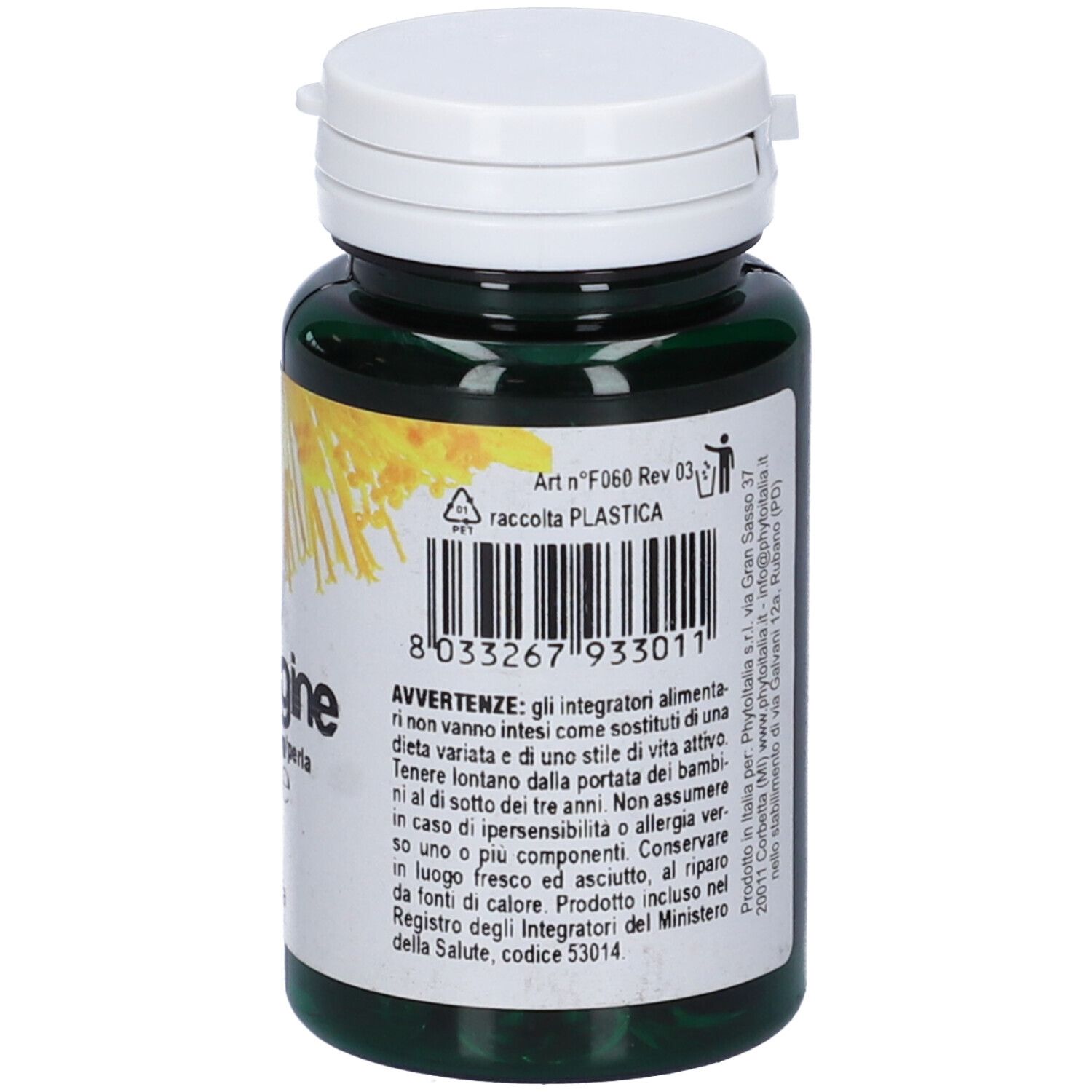 Flacone verde, tappo bianco. Retro con informazioni. Olio di Borragine.