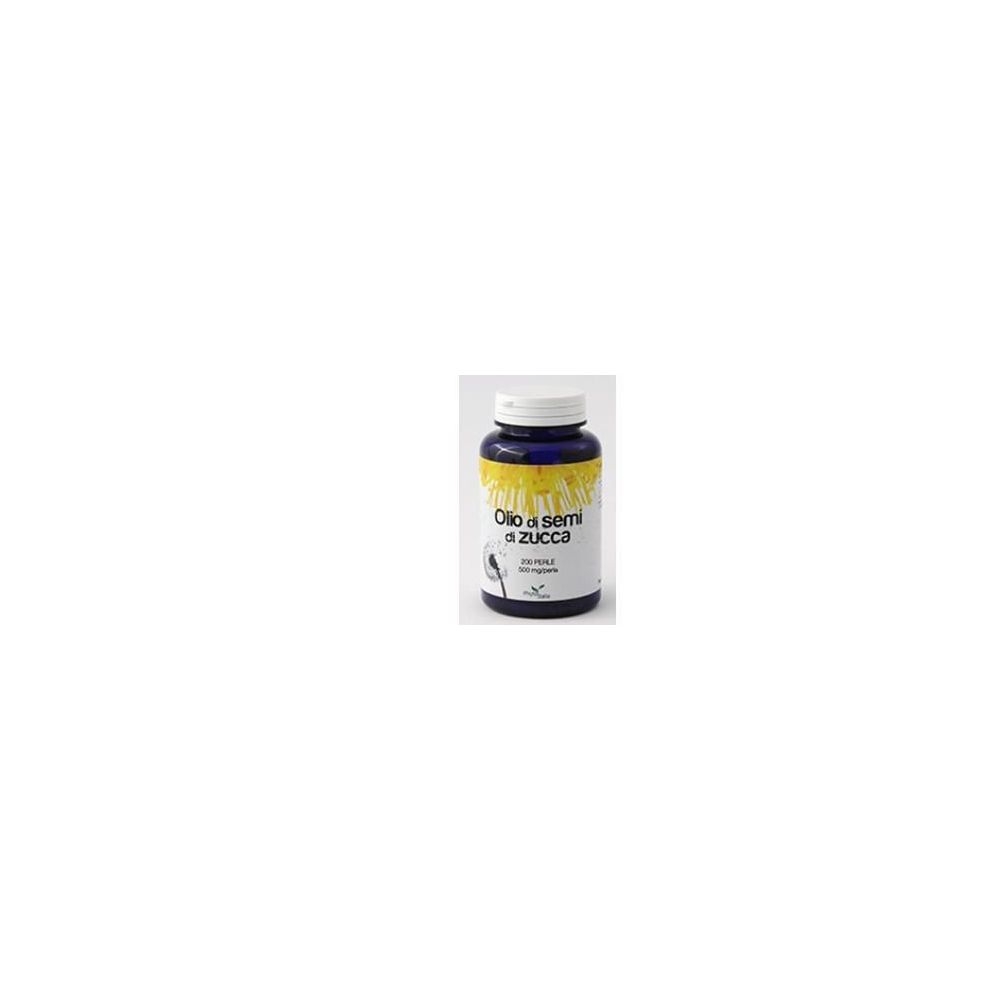 Flacone di capsule con coperchio bianco. Scritta: Olio a semi di zucca.