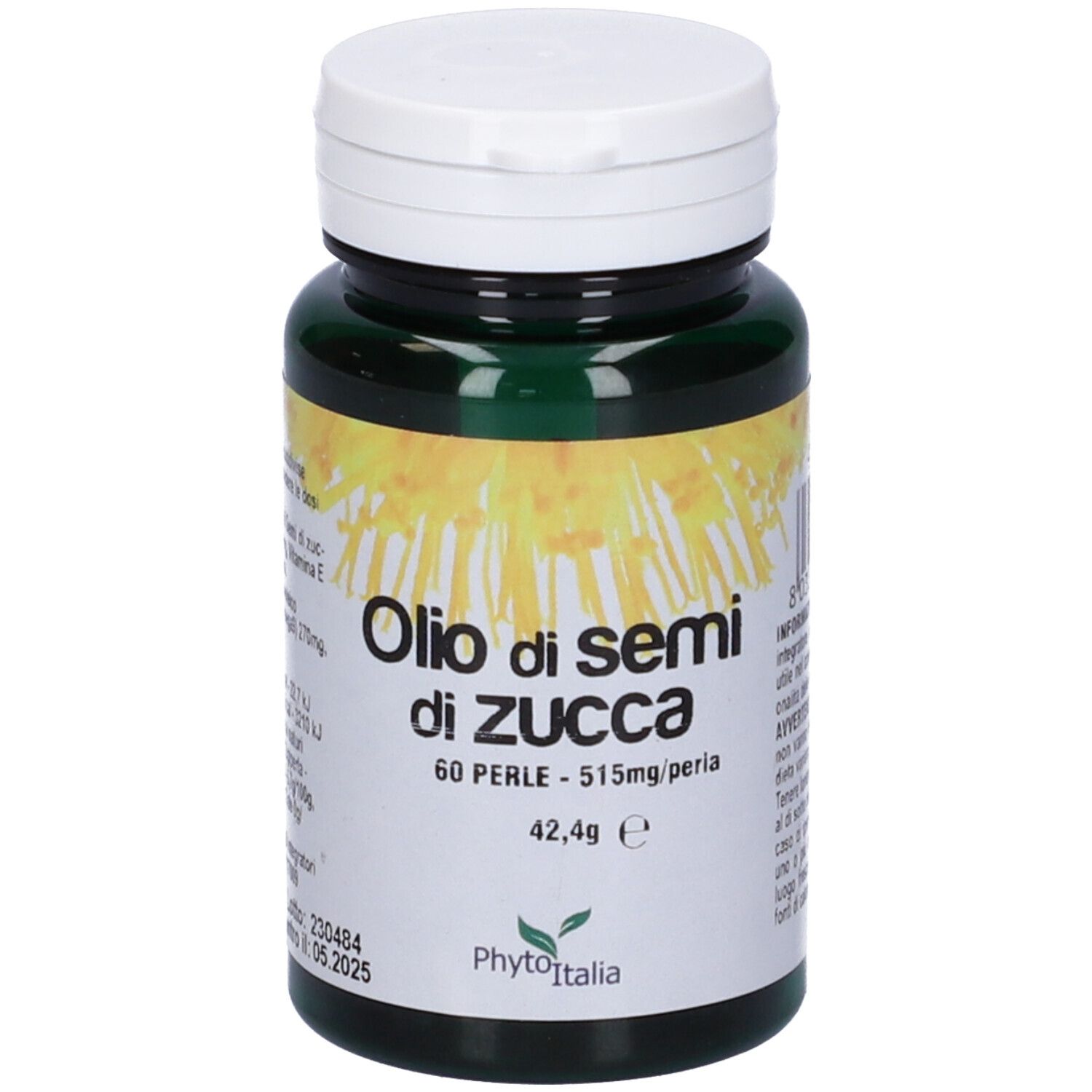 Barattolo verde di capsule con coperchio bianco. Scritta: Olio di semi di zucca, 60 Perle.