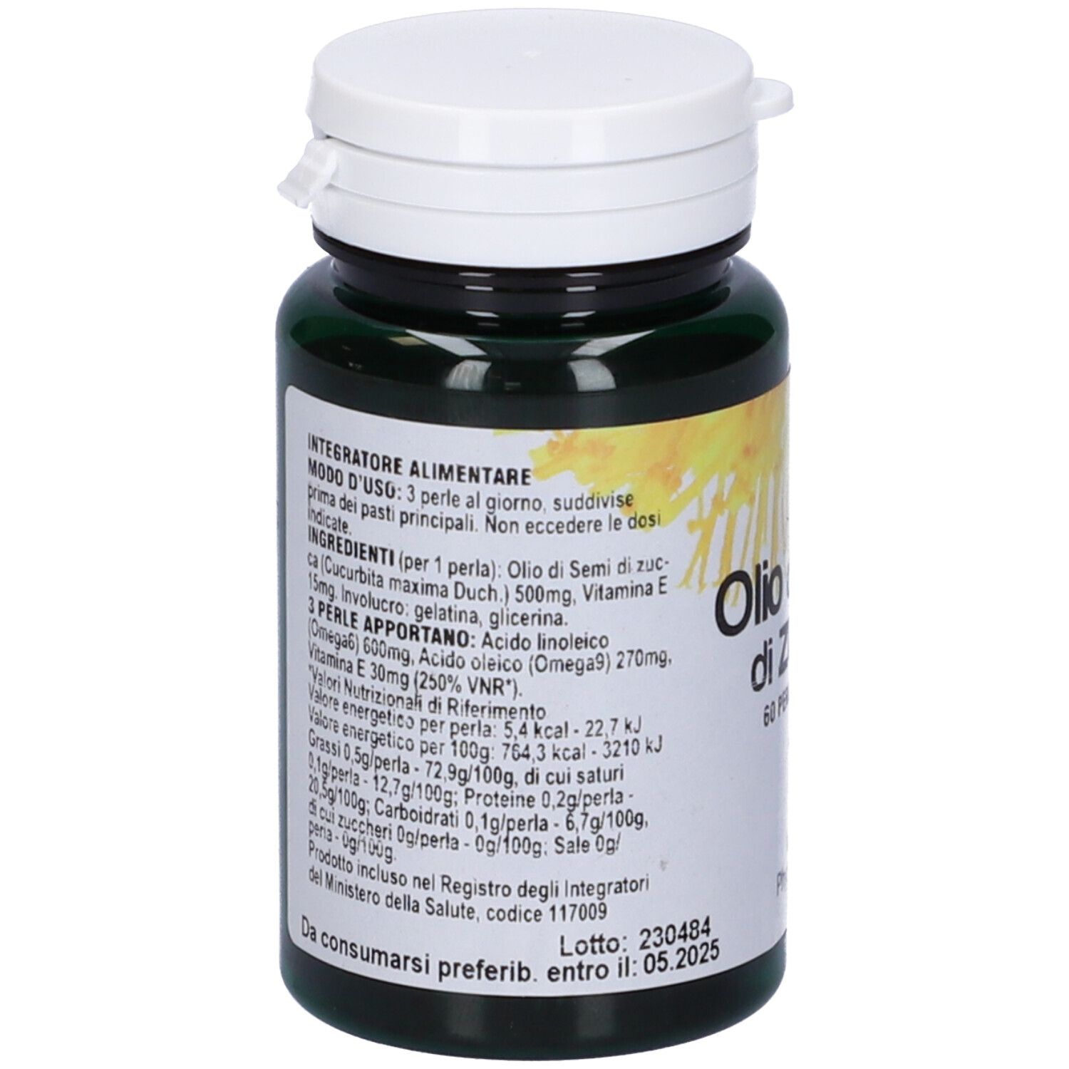Barattolo verde di capsule con coperchio bianco. Testo con informazioni nutrizionali e ingredienti.