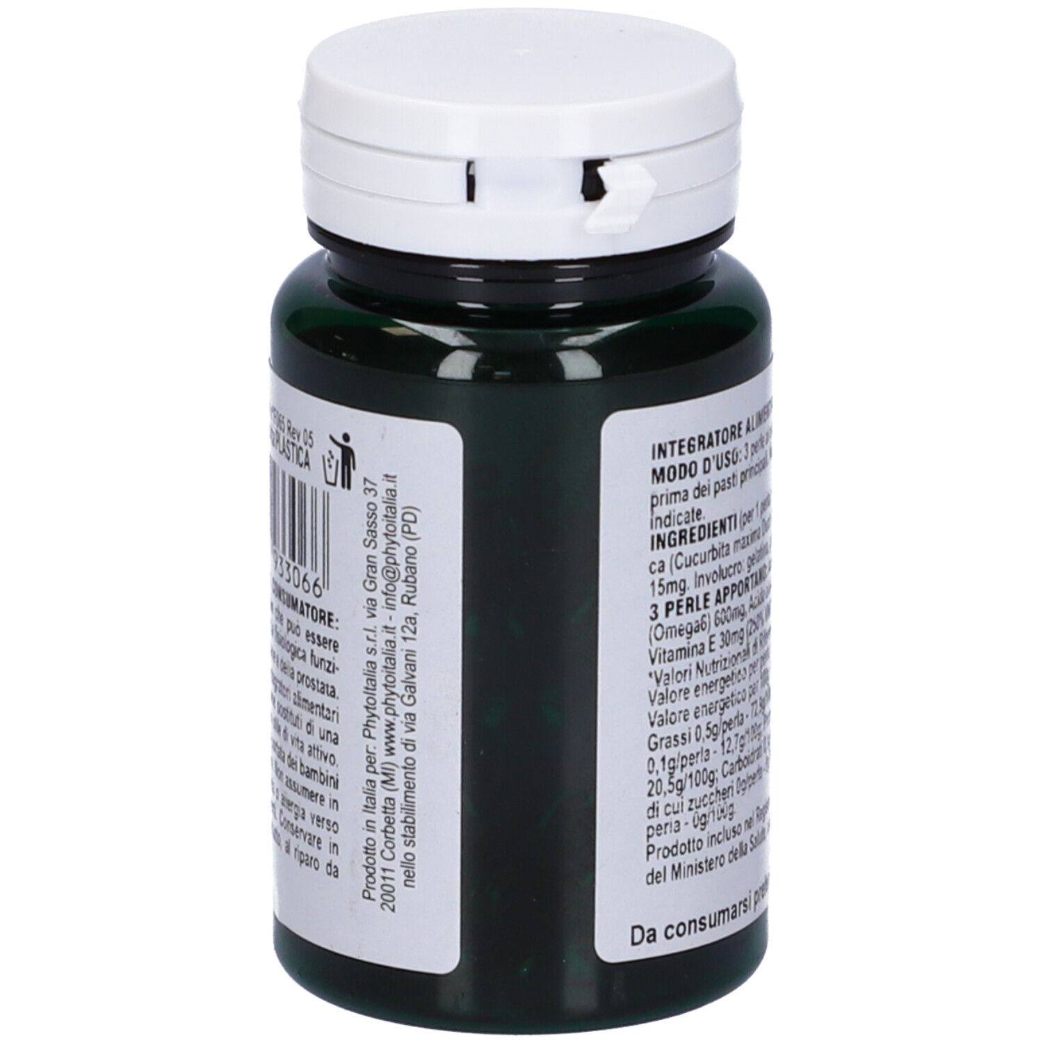 Barattolo verde di capsule con coperchio bianco. Retro con testo e informazioni del produttore.