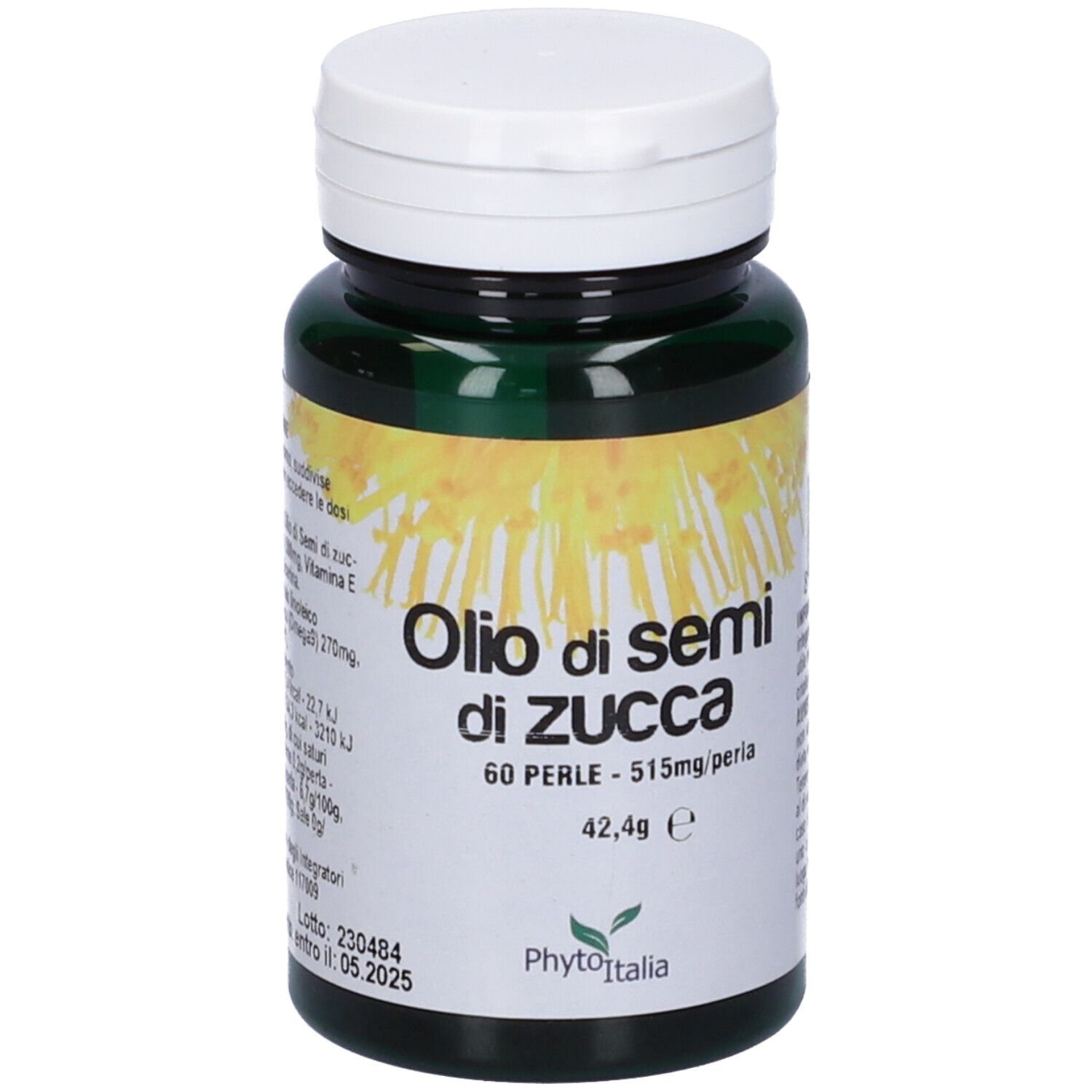 Barattolo verde di capsule con coperchio bianco. Scritta: Olio di semi di zucca, 60 Perle.