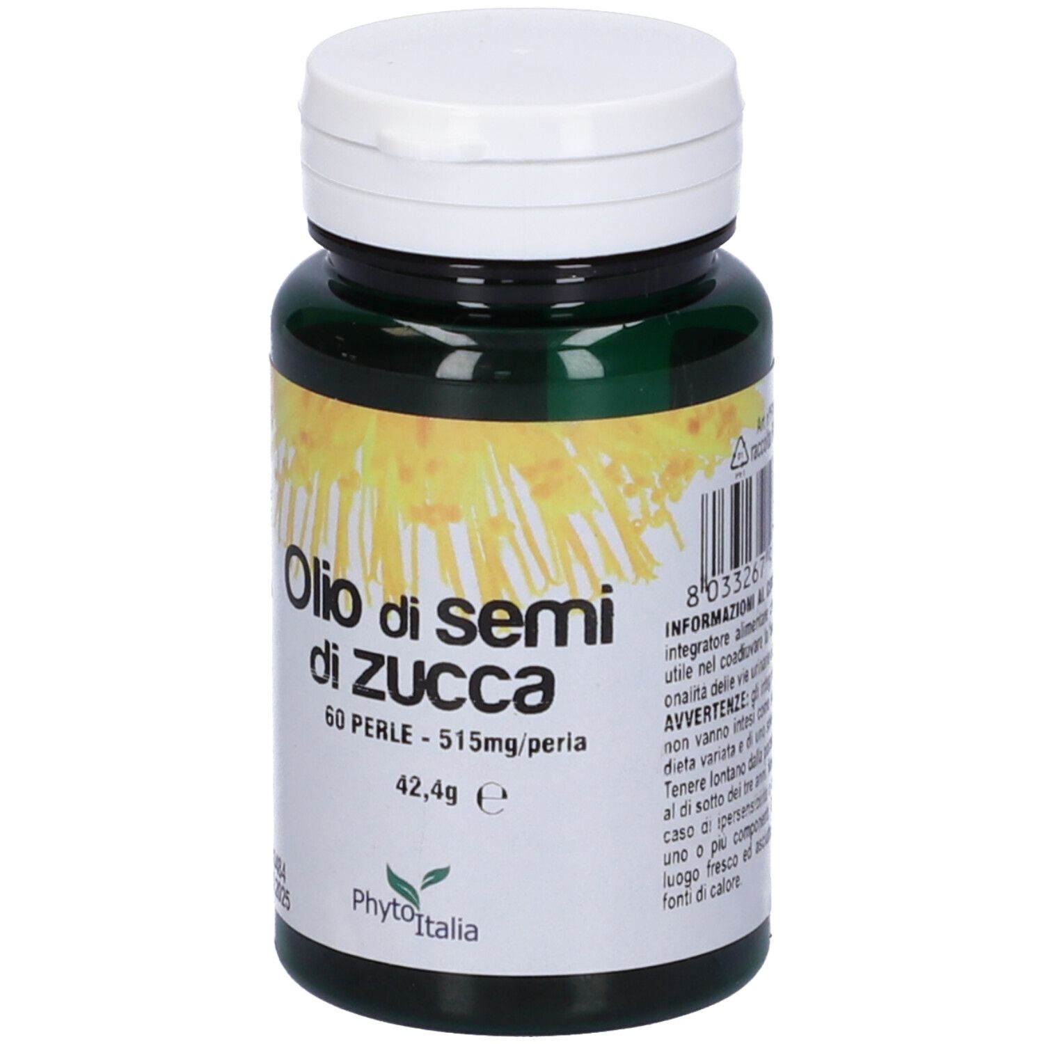 Barattolo verde di capsule con coperchio bianco. Scritta: Olio di semi di zucca, 60 Perle.