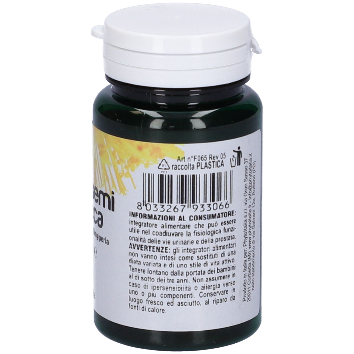 Barattolo verde di capsule con coperchio bianco. Retro con testo e codice a barre.
