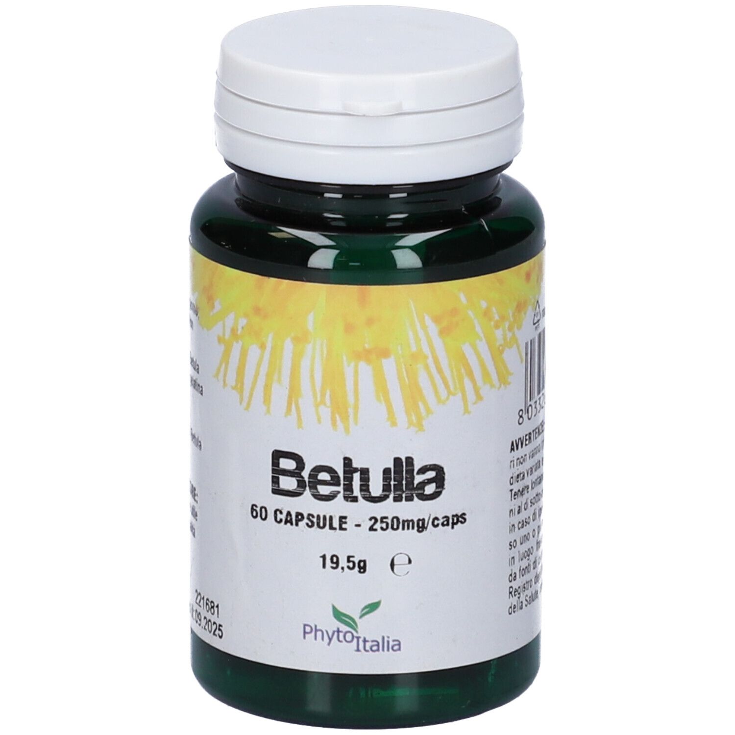 Flacone verde di capsule, coperchio bianco. Scritta: Betulla, 60 capsule, 250mg/caps. Marchio: PhytoItalia.