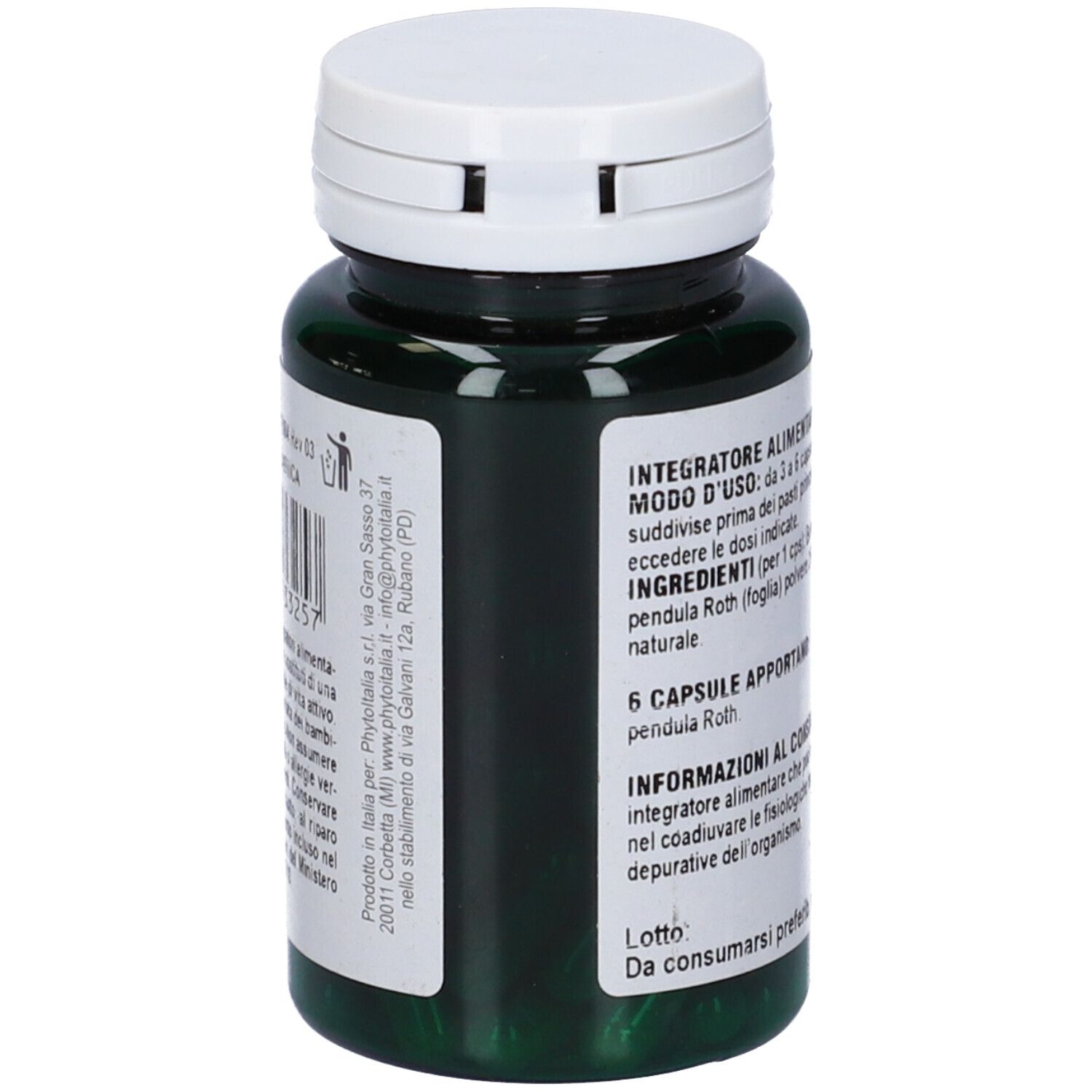 Flacone verde di capsule, coperchio bianco. Testo sul retro. Scritta: Betulla, 60 capsule. Marchio: PhytoItalia.