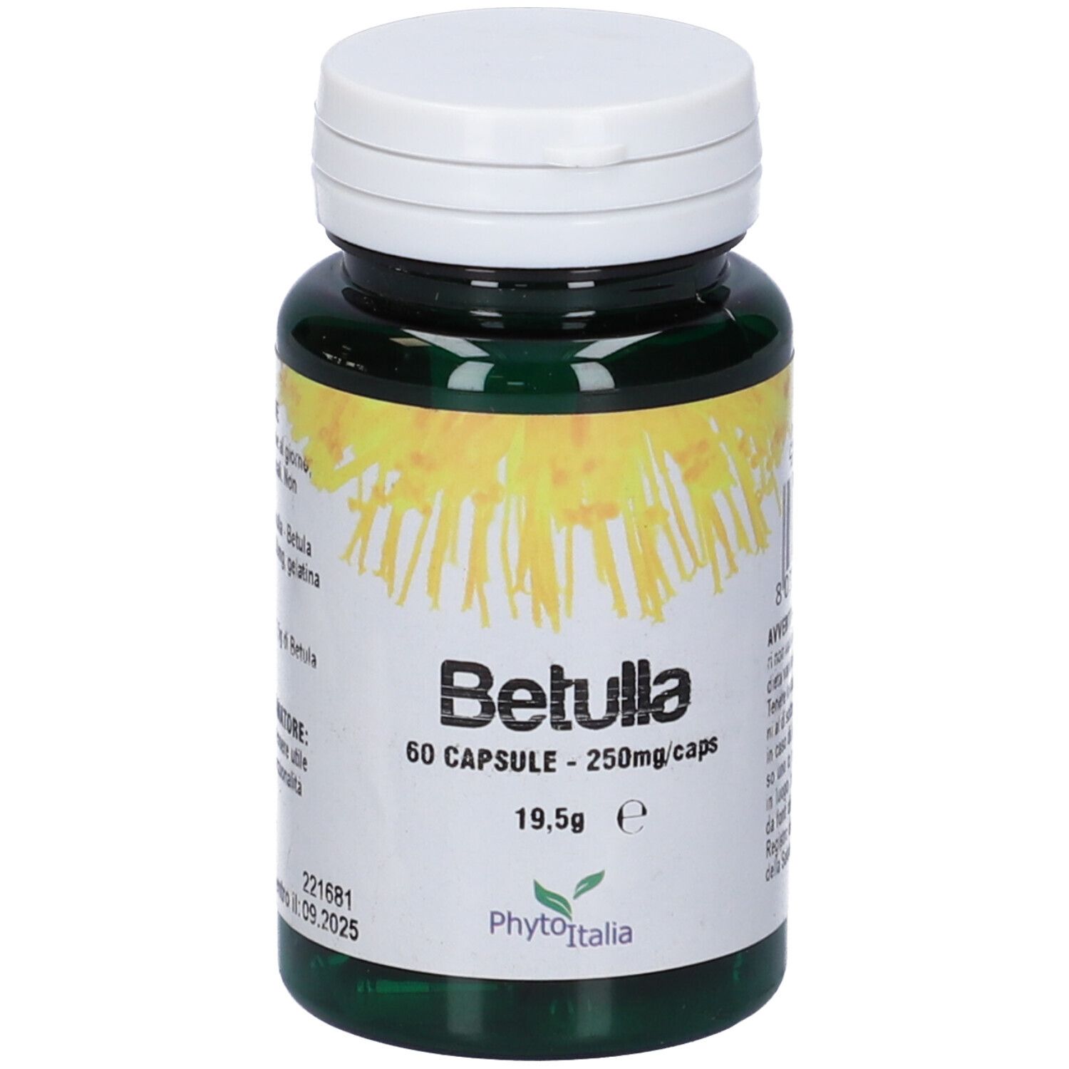 Flacone verde di capsule, coperchio bianco. Scritta: Betulla, 60 capsule, 250mg/caps. Marchio: PhytoItalia.
